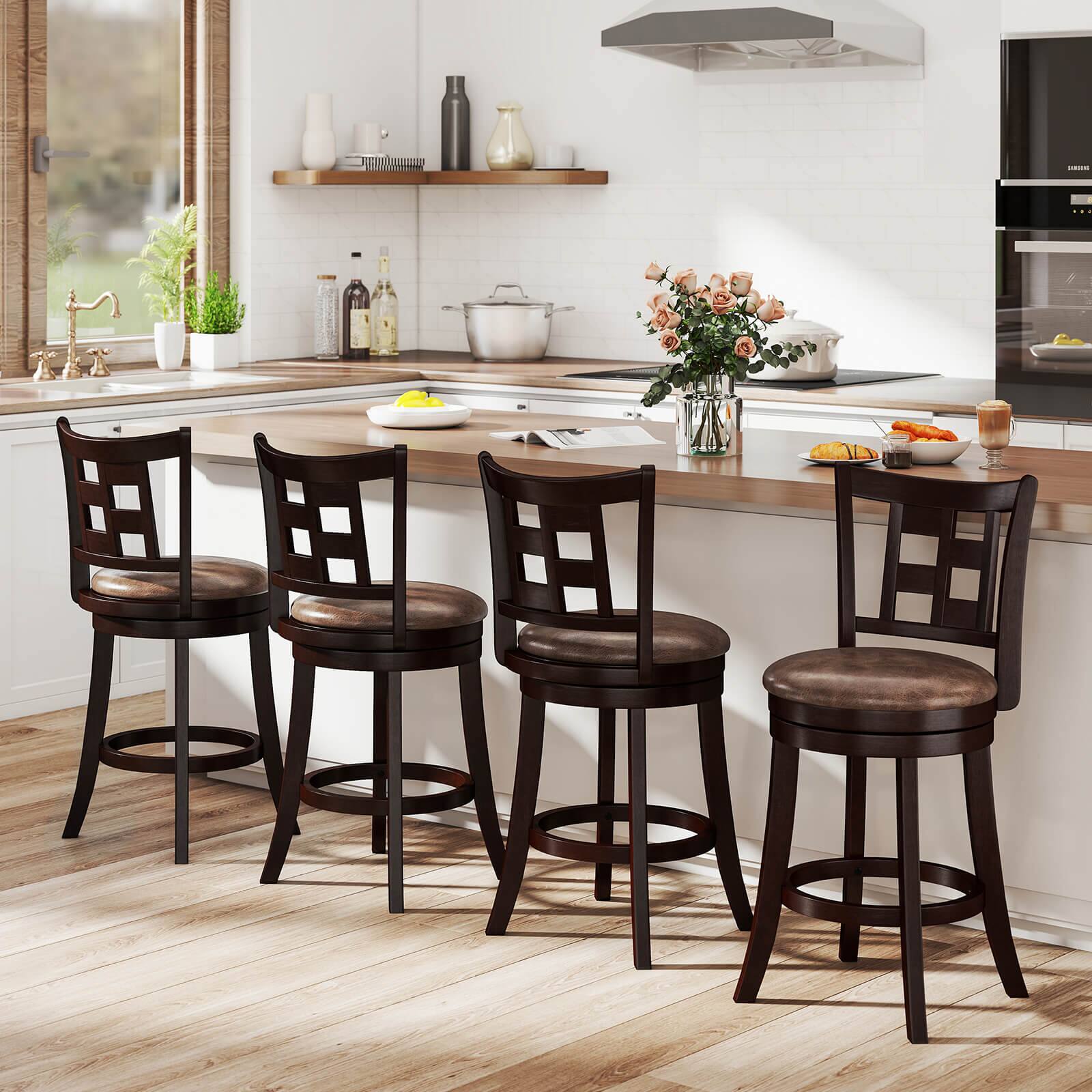Alt View 1. Costway - Costway Set of 4 Bar Stools 26" Swivel Bar Chairs with Footrest, Lattice Backrest - Coffee,Brown.