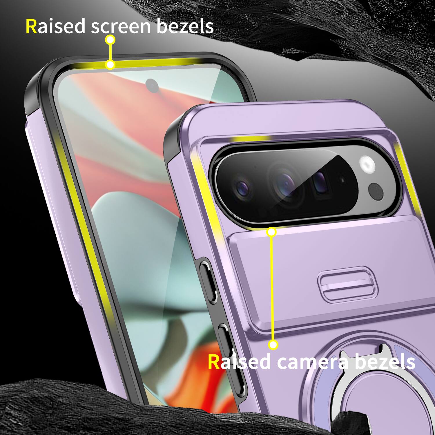Raised screen bezels  
Raised camera bezels