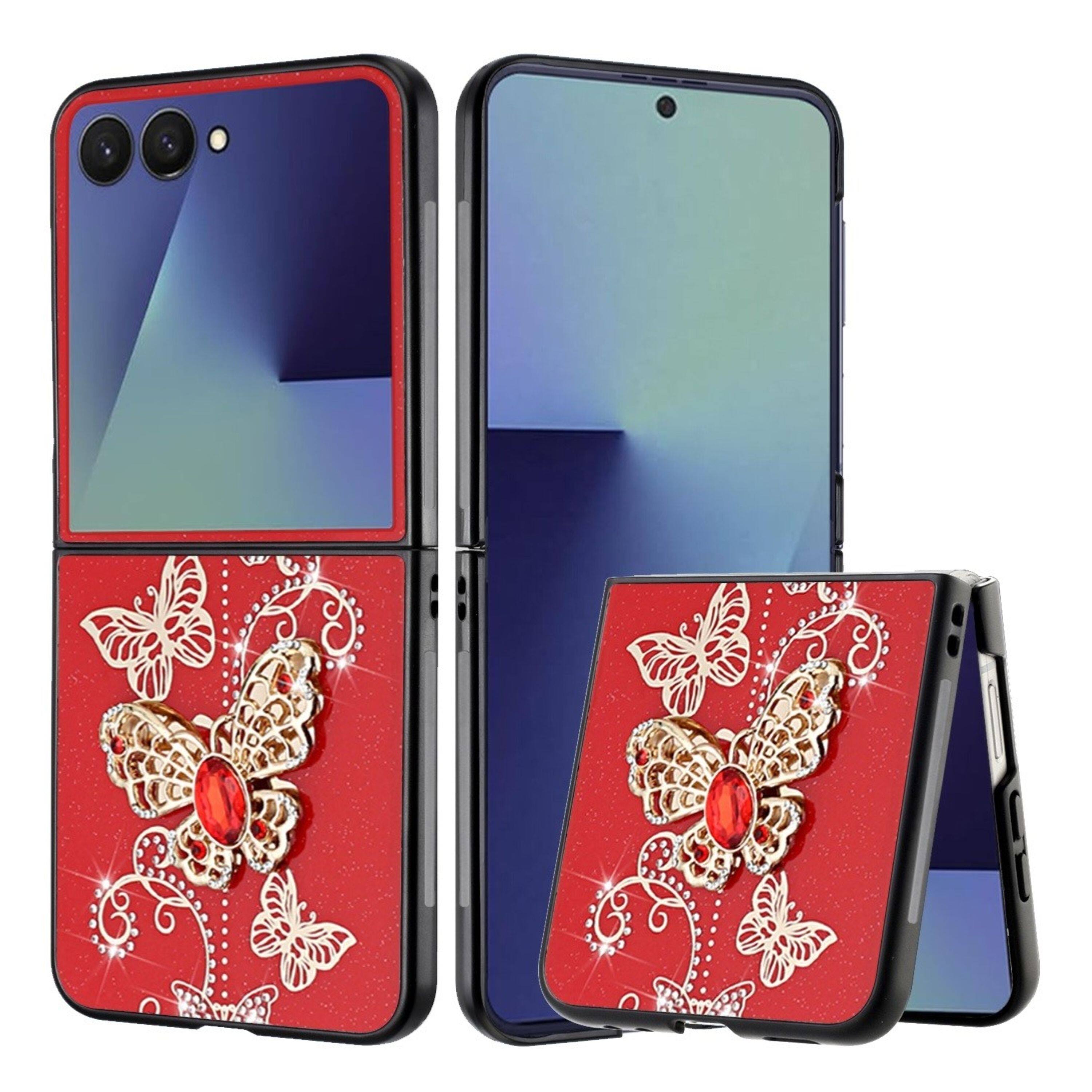 Angle. Kitcheniva - Rhinestone Glitter Cover Case With Tempered Glass For Samsung Z Flip7 Butterflies Red - Garden Butterflies Red.