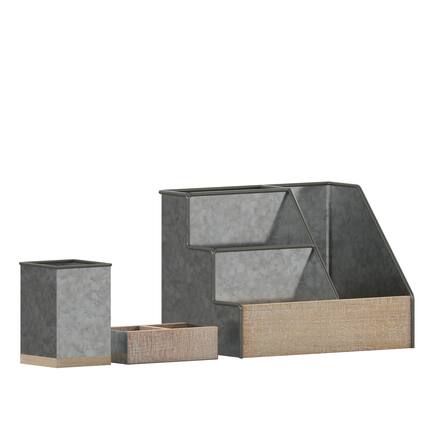 Front. Emma + Oliver - Nessa Three Piece Industrial Desk or Vanity Organizer Set with Foam Pads - Galvanized.