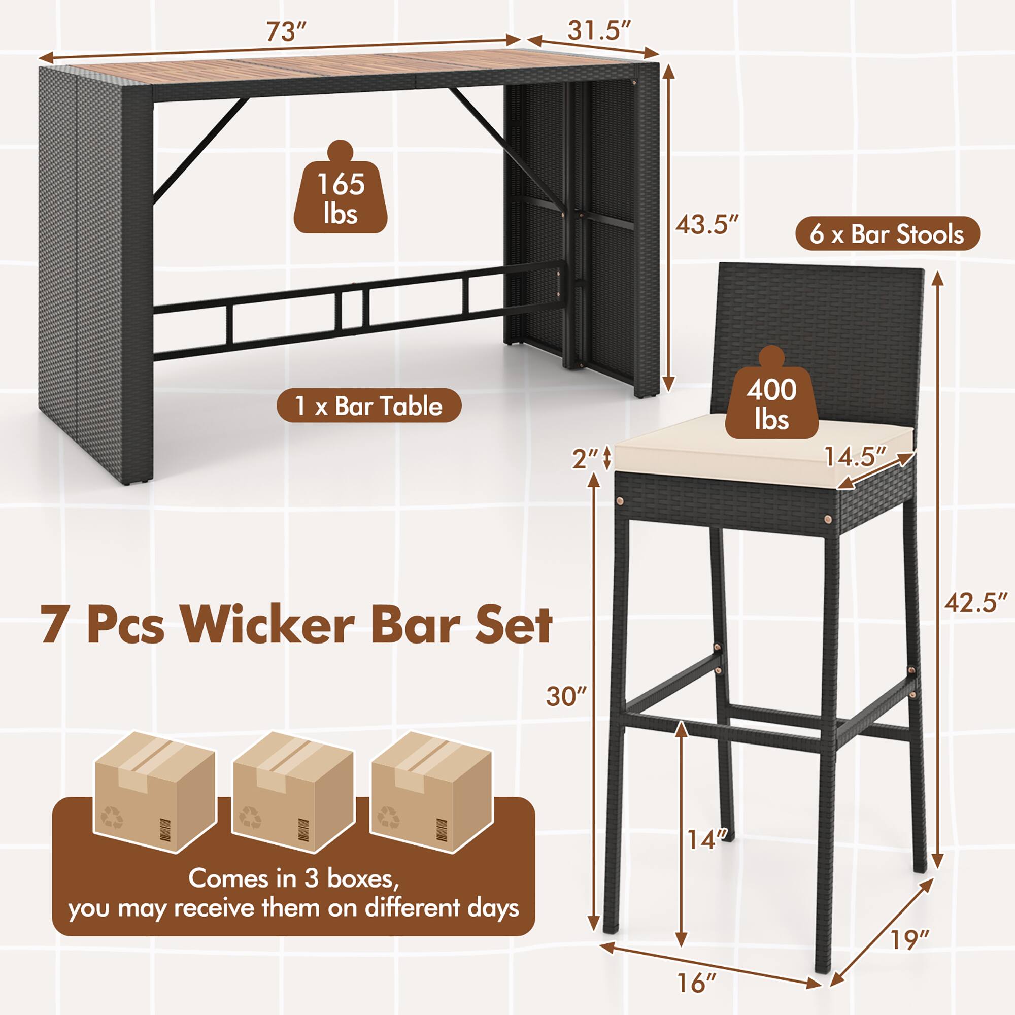 73" 31.5" 165 lbs 43.5" 6 x Bar Stools 1 x Bar Table 2" 400 lbs 14.5" 7 Pcs Wicker Bar Set 42.5" 30" Comes in 3 boxes, you may receive them on different days 14" 16" 19"