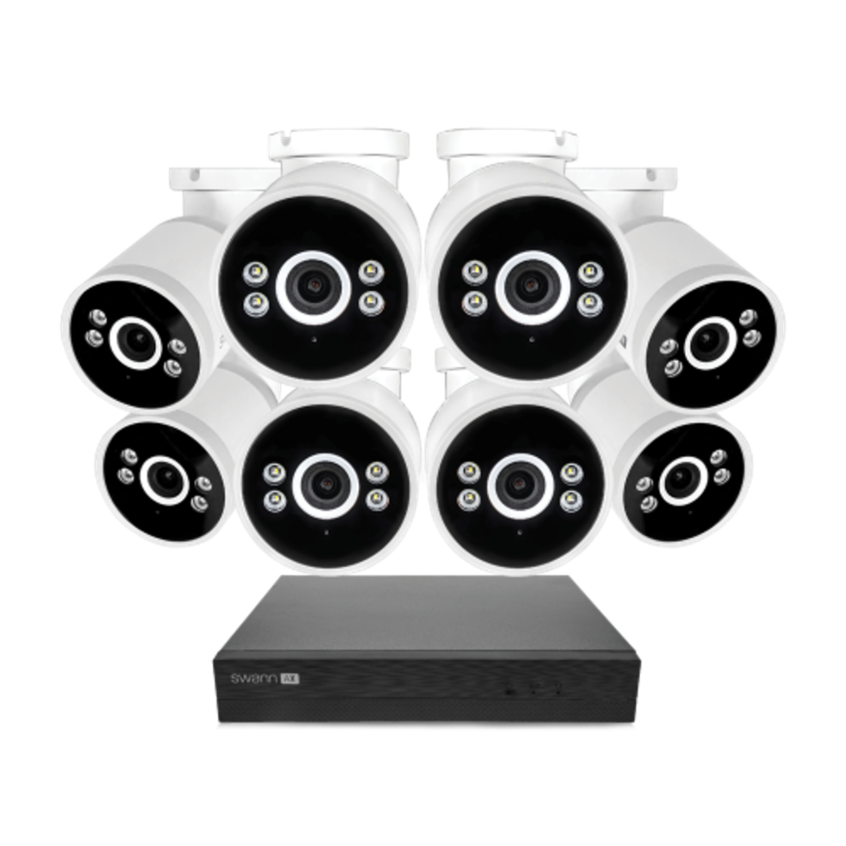 Front. Swann - AdvancedX Series / NVR-8ADVANX / 1TB / 8x NHD-ADVANXB 4K Spotlight Bullet IP Cameras - Black.