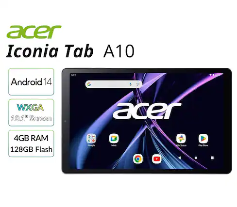 Acer Iconia Tab A10
Android 14
9:12
100%
WXGA 10.1" Screen
4GB RAM
128GB Flash
Google Meet
Kids Space
Play Store