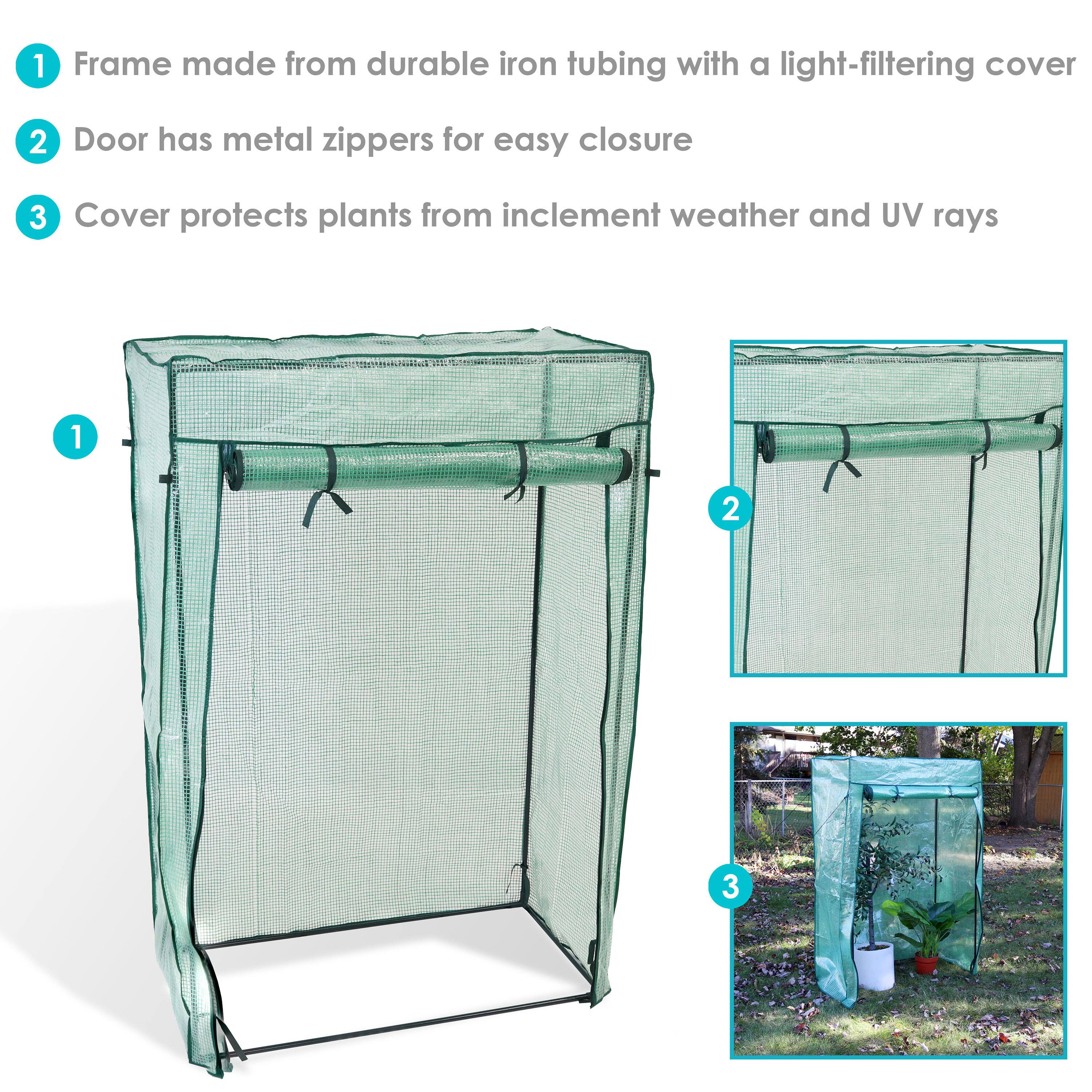 1. Frame made from durable iron tubing with a light-filtering cover  
2. Door has metal zippers for easy closure  
3. Cover protects plants from inclement weather and UV rays