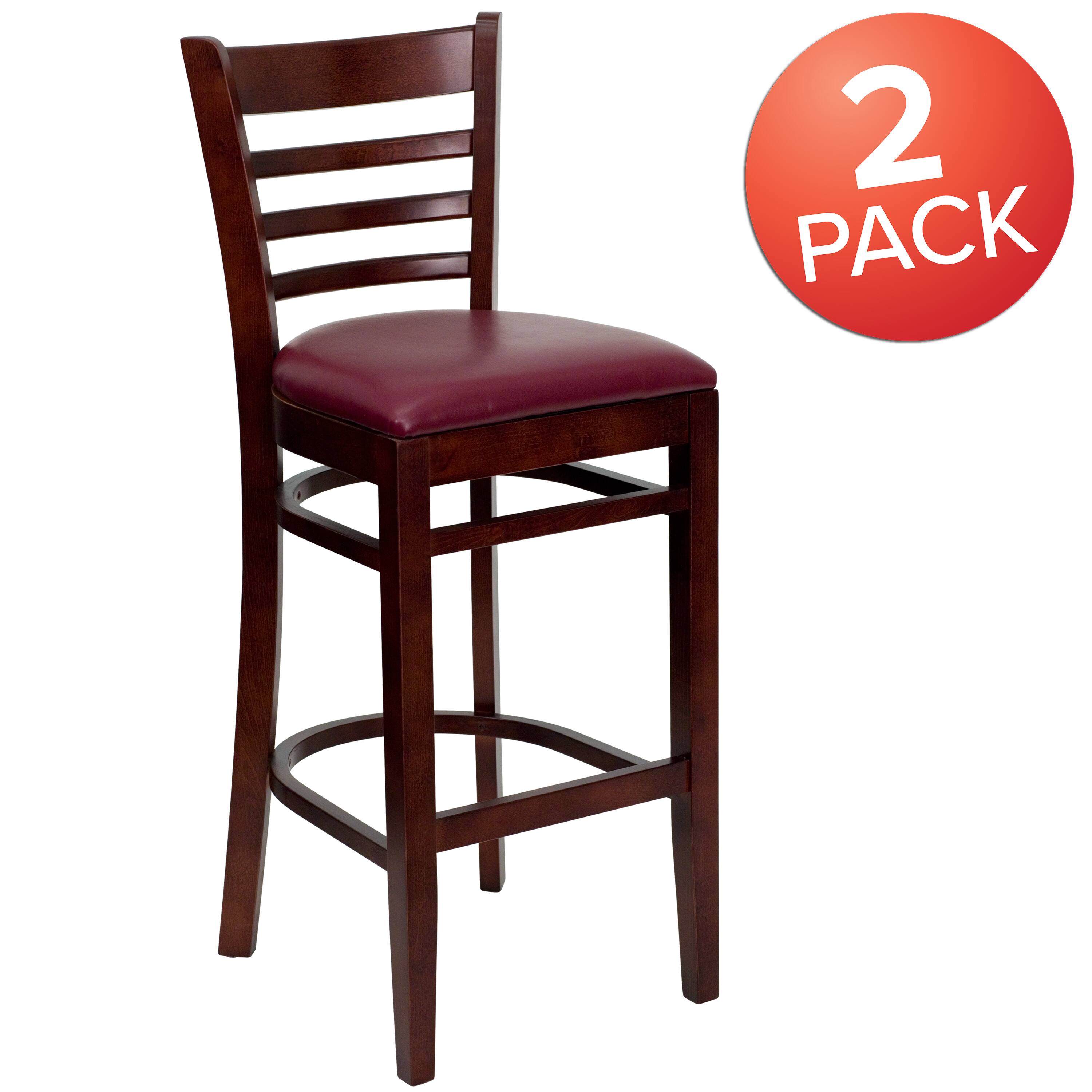 Alt View 1. Emma + Oliver - Bar Stools | Set of 2 Wood Bar Stools with Back - Burgundy Vinyl Seat/Mahogany Wood Frame.