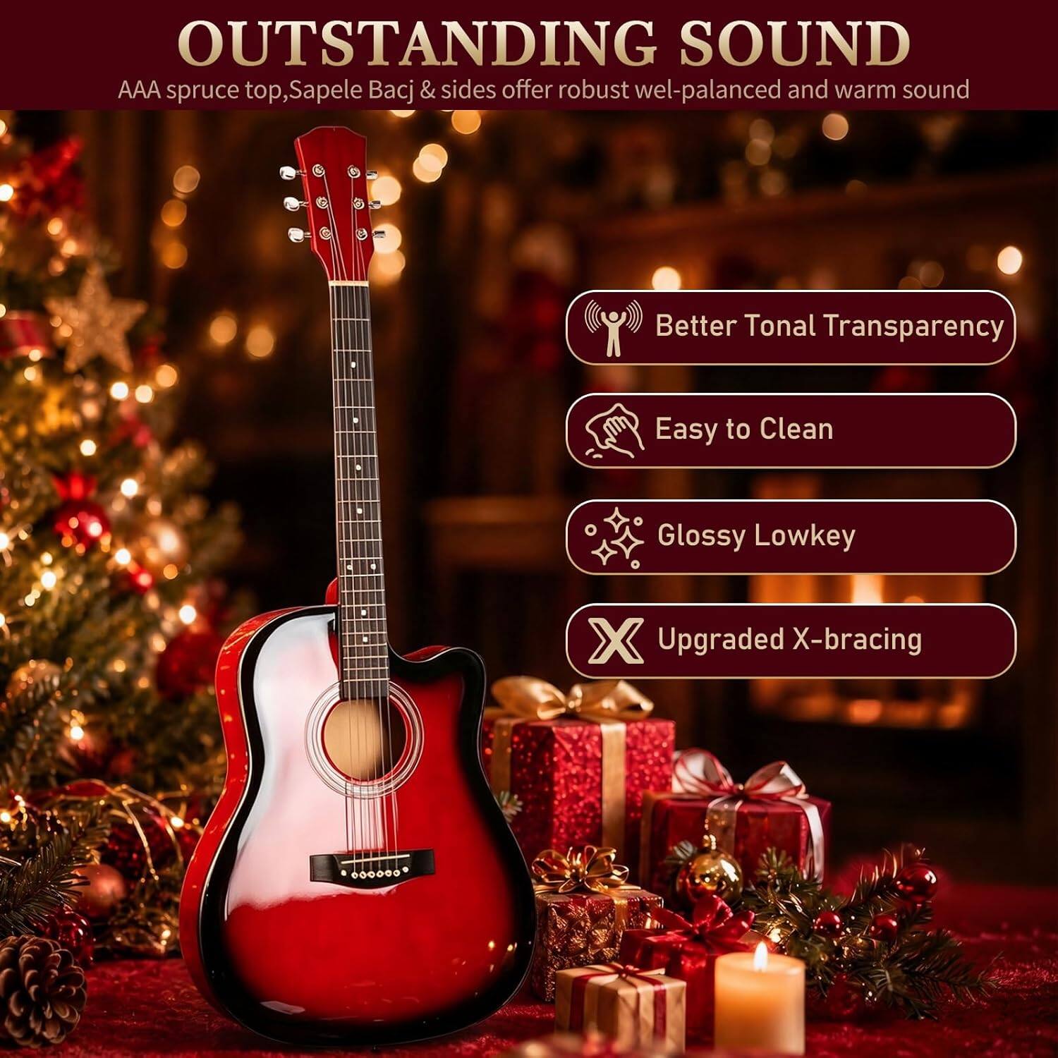 OUTSTANDING SOUND

AAA spruce top, Sapelle Bacj & sides offer robust well-balanced and warm sound

Better Tonal Transparency
Easy to Clean
Glossy Lowkey
Upgraded X-bracing