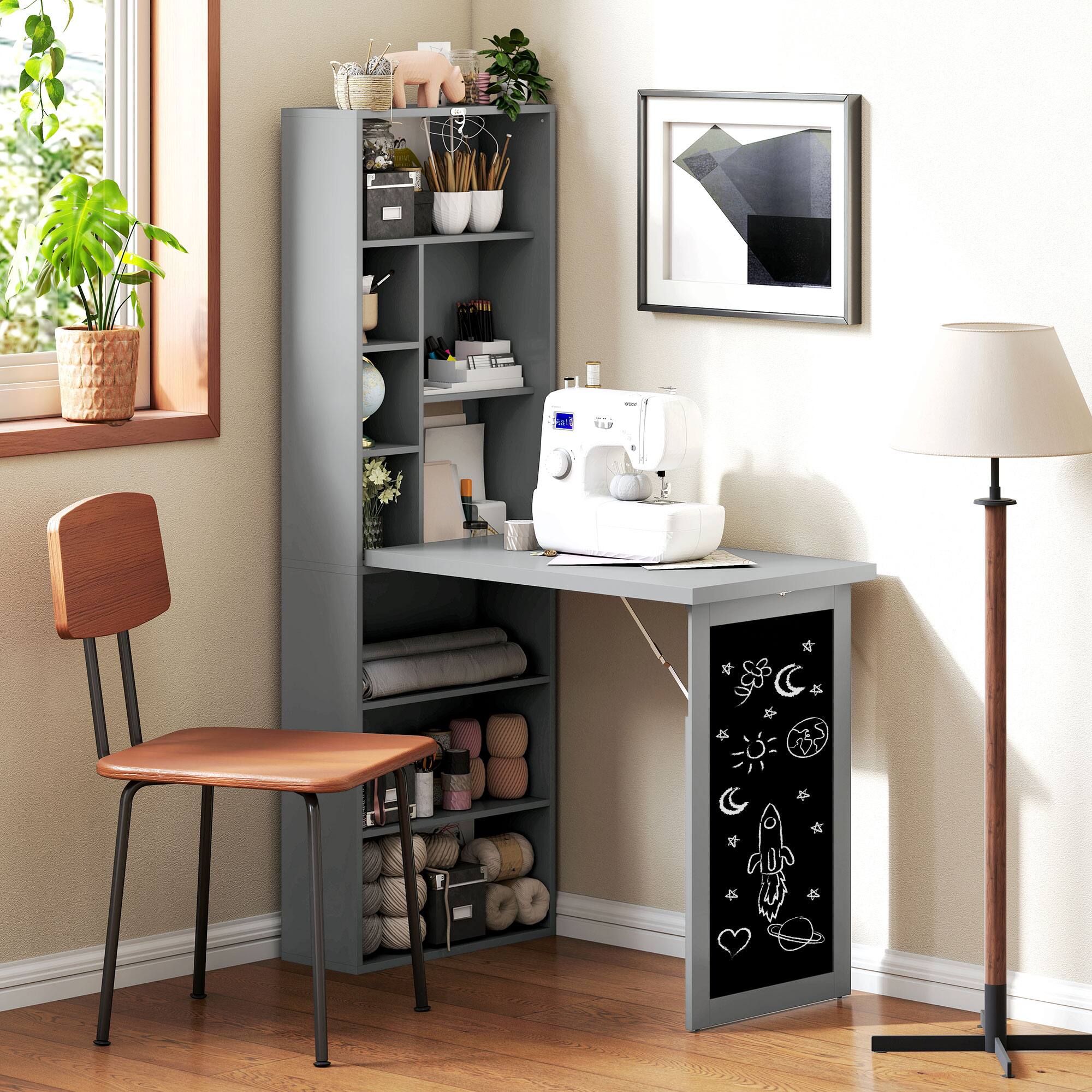 Alt View 8. Homcom - Fold-out Convertible Writing Table, Wall Mount Desk Cabinet with Blackboard and Side Shelf - Charcoal Gray.