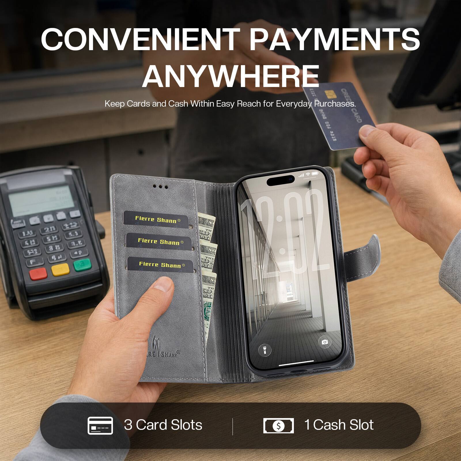 CONVENIENT PAYMENTS ANYWHERE  
Keep Cards and Cash Within Easy Reach for Everyday Purchases.  

3 Card Slots  
1 Cash Slot