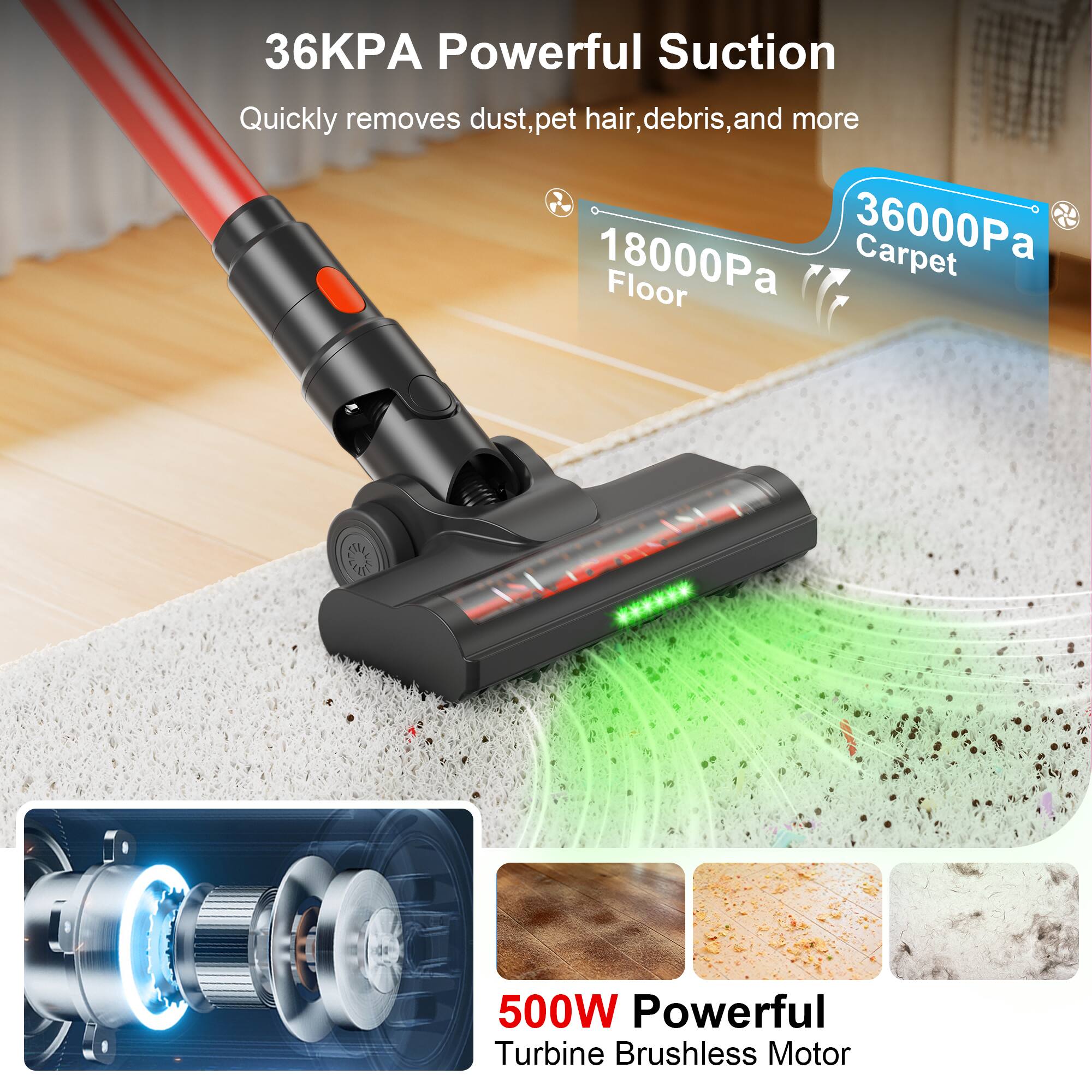 36KPA Powerful Suction  
Quickly removes dust, pet hair, debris, and more  

36000Pa Carpet  
18000Pa Floor  

500W Powerful Turbine Brushless Motor