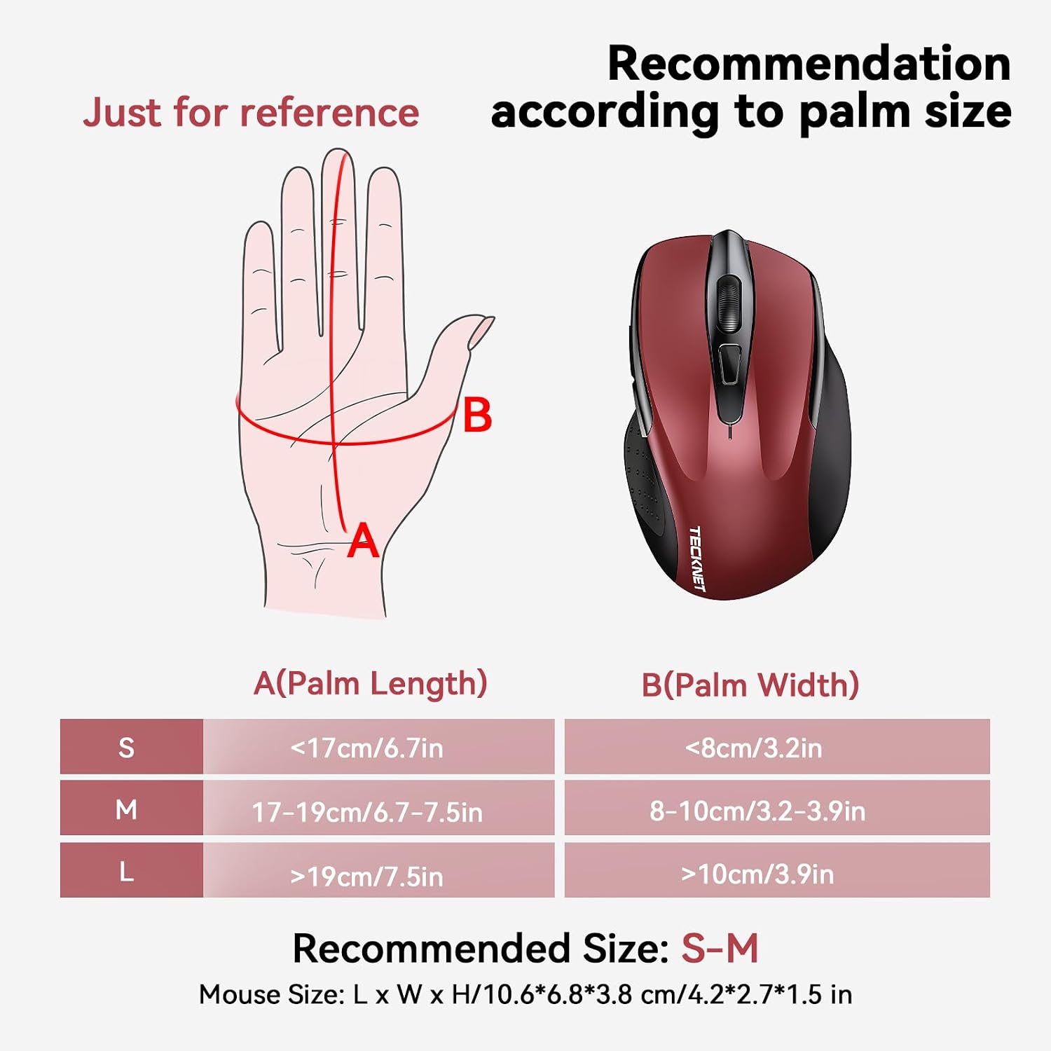 Recommendation Just for reference according to palm size

A (Palm Length)
B (Palm Width)

S
<17cm/6.7in
<8cm/3.2in

M
17-19cm/6.7-7.5in
8-10cm/3.2-3.9in

L
>19cm/7.5in
>10cm/3.9in

Recommended Size: S-M

Mouse Size: L x W x H/10.6*6.8*3.8 cm/4.2*2.7*1.5 in