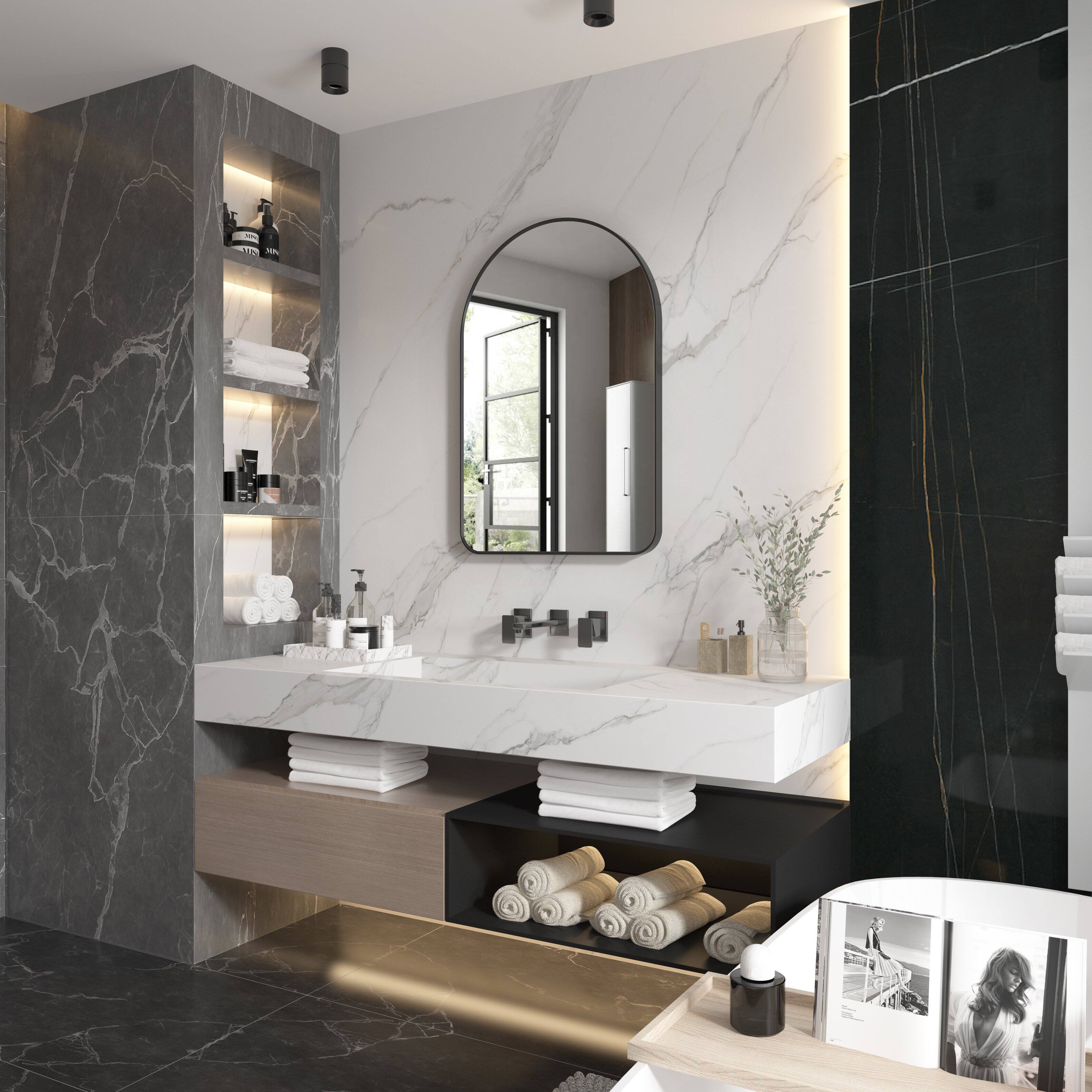 Back. WELLFOR - 24 in. W x 36 in H Arch Anodized Aluminum Framed Bathroom Vanity Mirror - Matte Black.