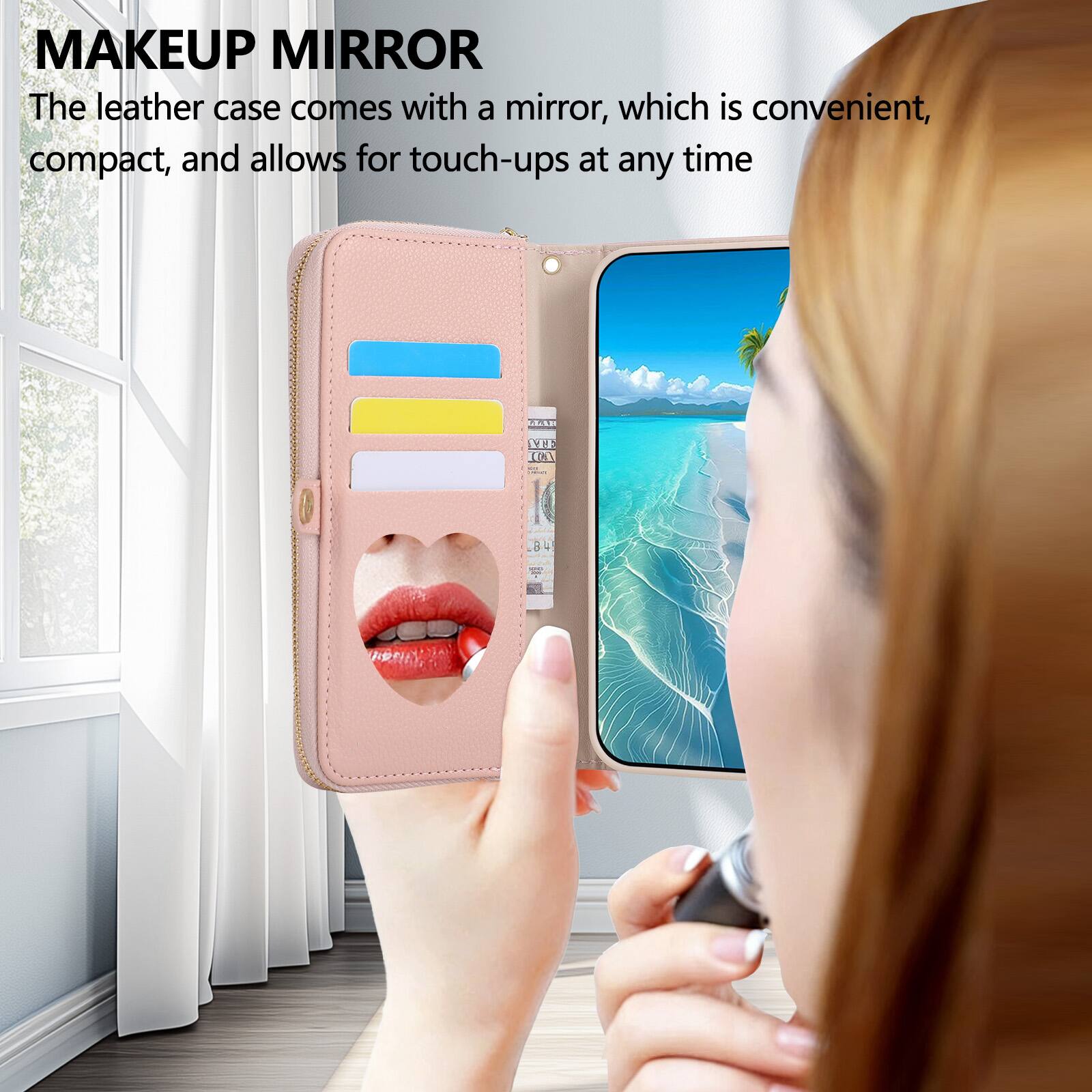 MAKEUP MIRROR  
The leather case comes with a mirror, which is convenient, compact, and allows for touch-ups at any time