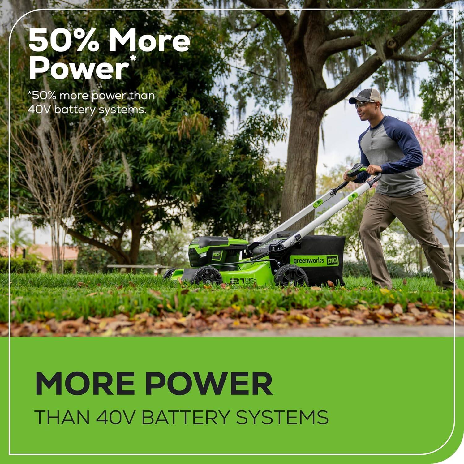 50% More Power  
*50% more power than 40V battery systems.  

greenworks pro  

MORE POWER THAN 40V BATTERY SYSTEMS
