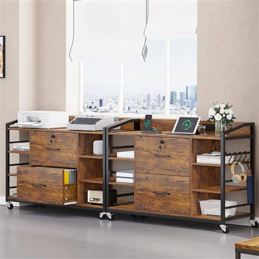 Left. Hivvago - Brown Printer Stand Bookcase Power Station Mobile Office File Cabinet - Brown.