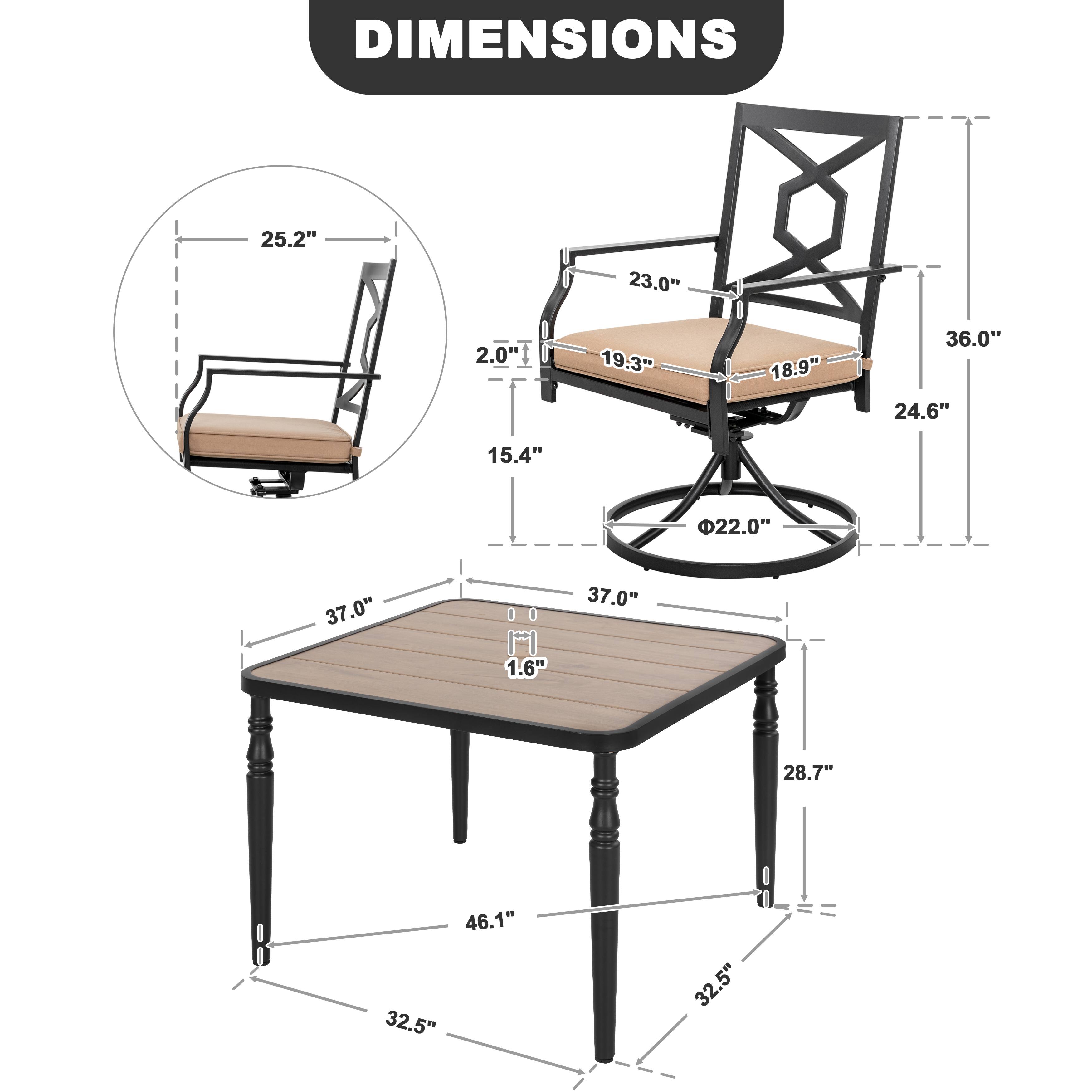 DIMENSIONS  
25.2" 23.0" 2.0" 19.3" 18.9" 36.0" 24.6" 15.4" 22.0" 37.0" 37.0" 1.6"  
28.7" 46.1" 32.5" 32.5"