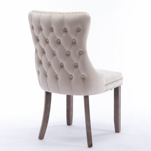 Back. LUCKY ONE - Assembled Wing-Back Dining Chair Set of 2 with Nailhead Trim Solid Wood Legs Upholstered - Beige.