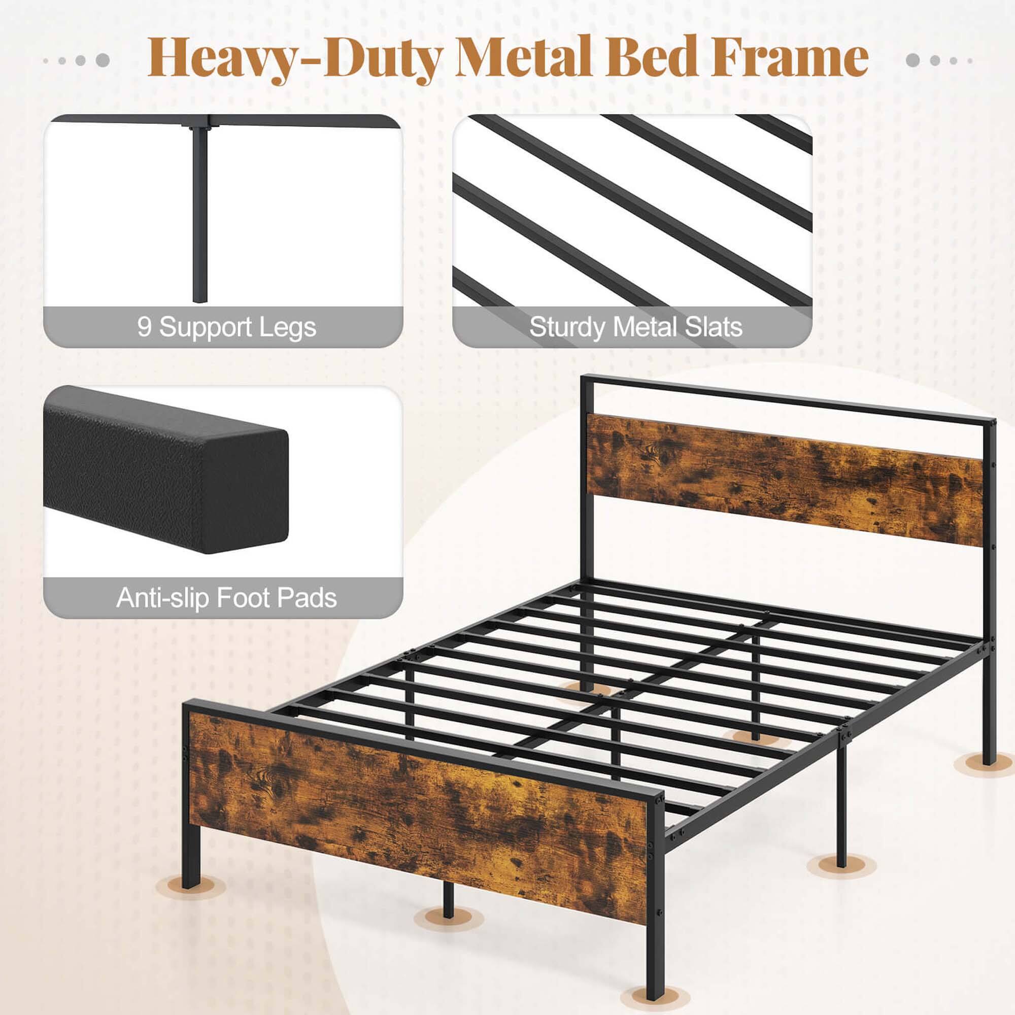 Heavy-Duty Metal Bed Frame 9 Support Legs Sturdy Metal Slats Anti-slip Foot Pads