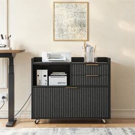 Loheer - Mobile File Cabinet with Charging Station, 3 Drawer Black Office Cabinet with Wheels