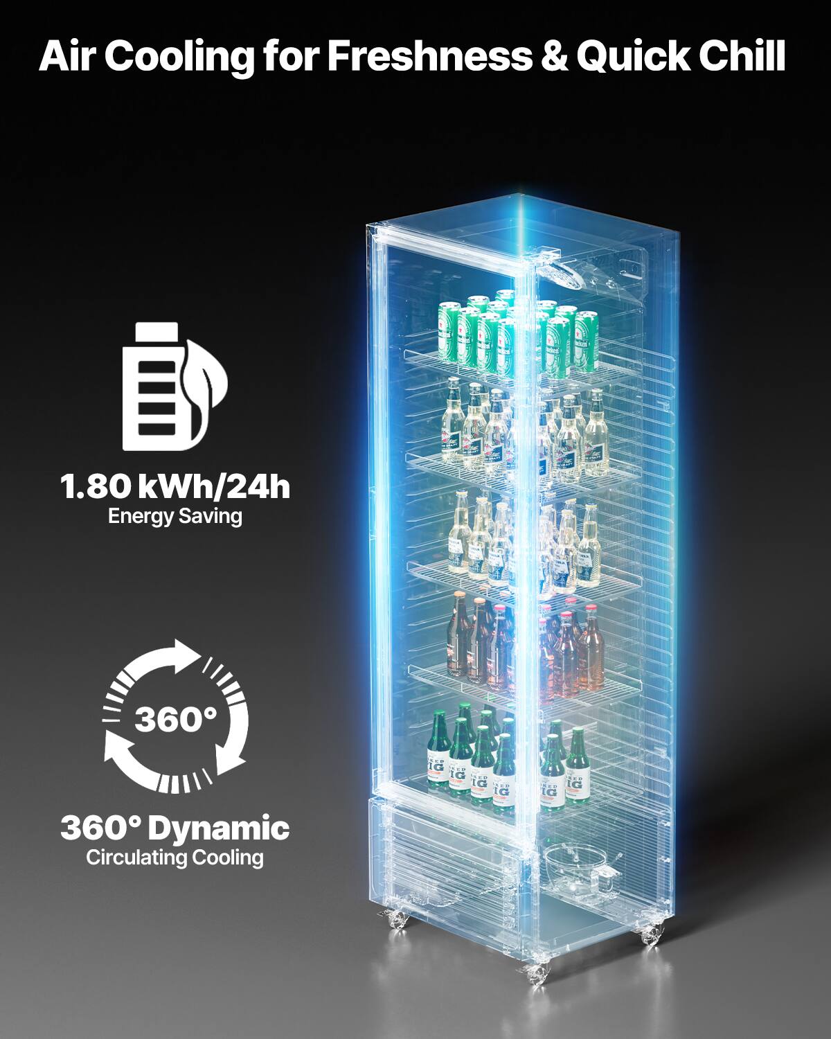 Air Cooling for Freshness & Quick Chill

1.80 kWh/24h Energy Saving

360° Dynamic Circulating Cooling