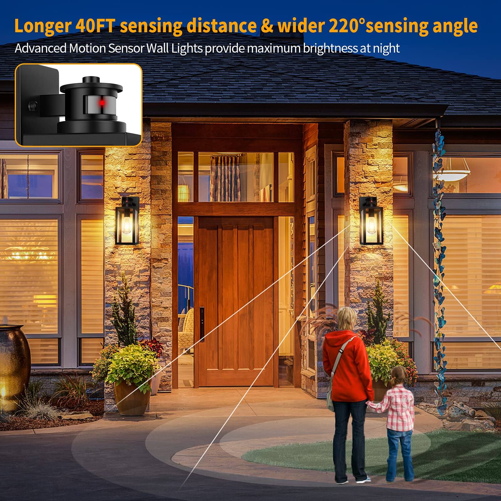 Longer 40FT sensing distance & wider 220° sensing angle  
Advanced Motion Sensor Wall Lights provide maximum brightness at night