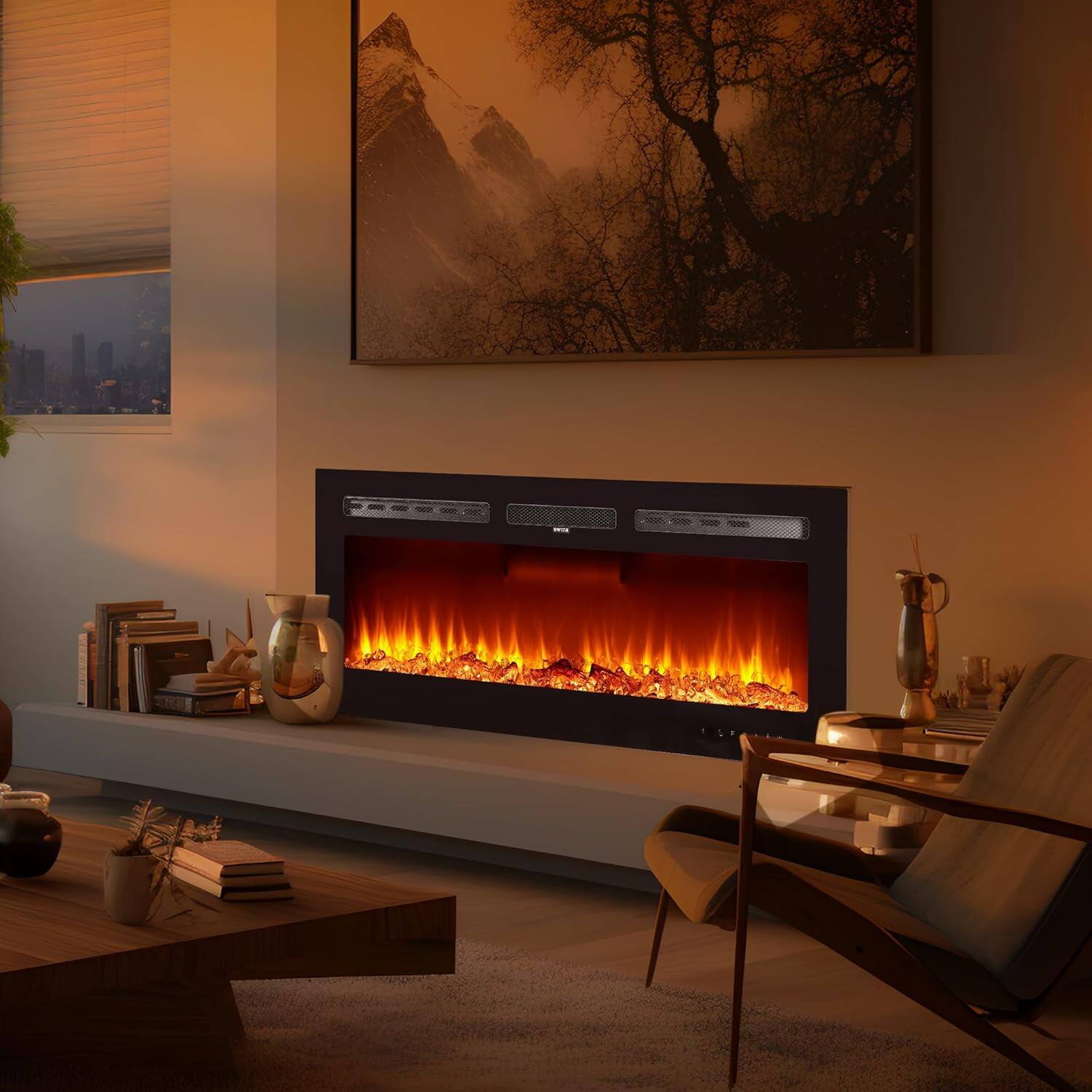 Alt View 2. Jojoka - 50" Wall-Mounted Electric Fireplace, 750W/1500W, 12 Flame Colors, Remote/WiFi Control, Slim Design - Black.