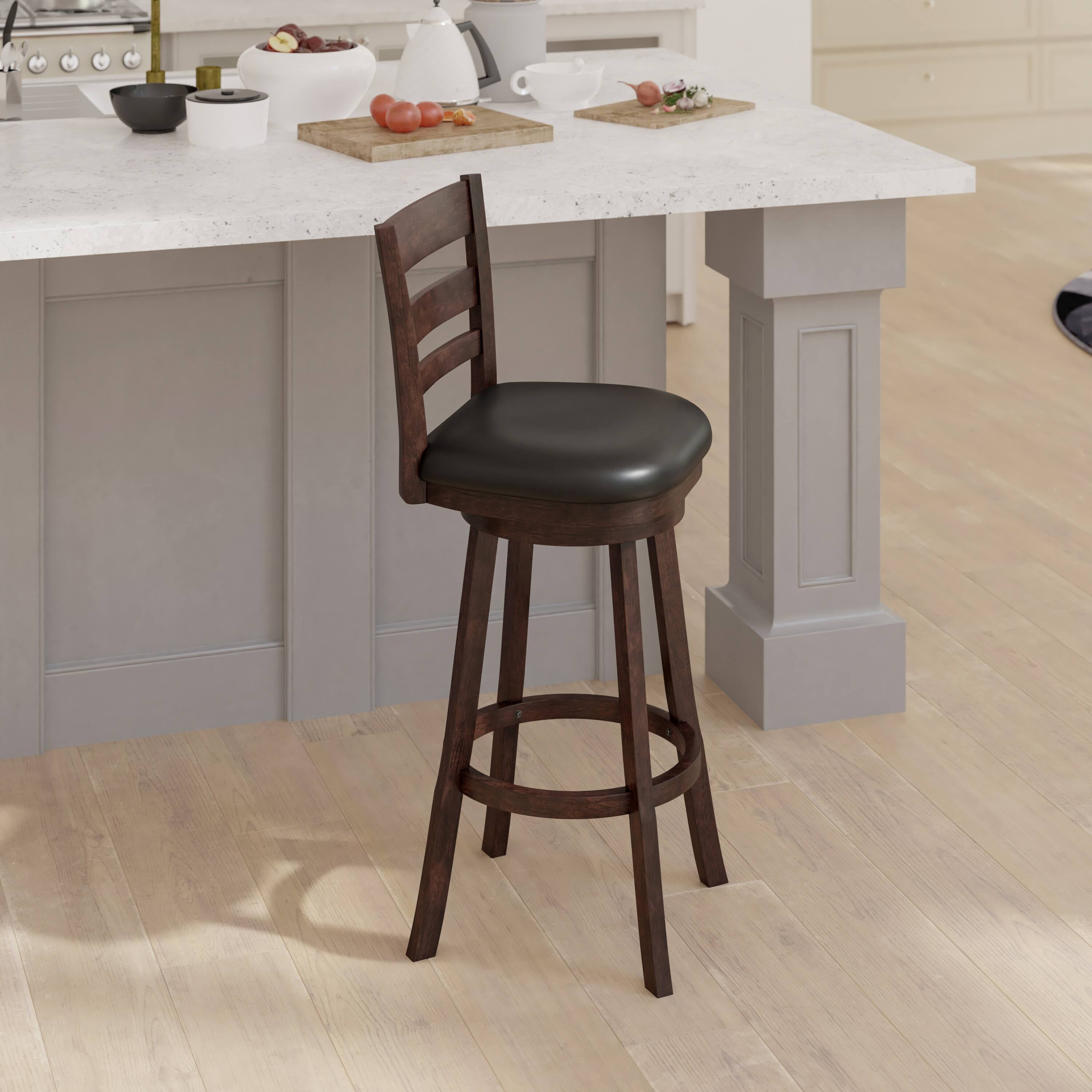 Alt View 3. Emma + Oliver - Avi Classic Wooden Ladderback Dining Stool with Padded Swivel Seat - Black Vinyl/Espresso Frame.