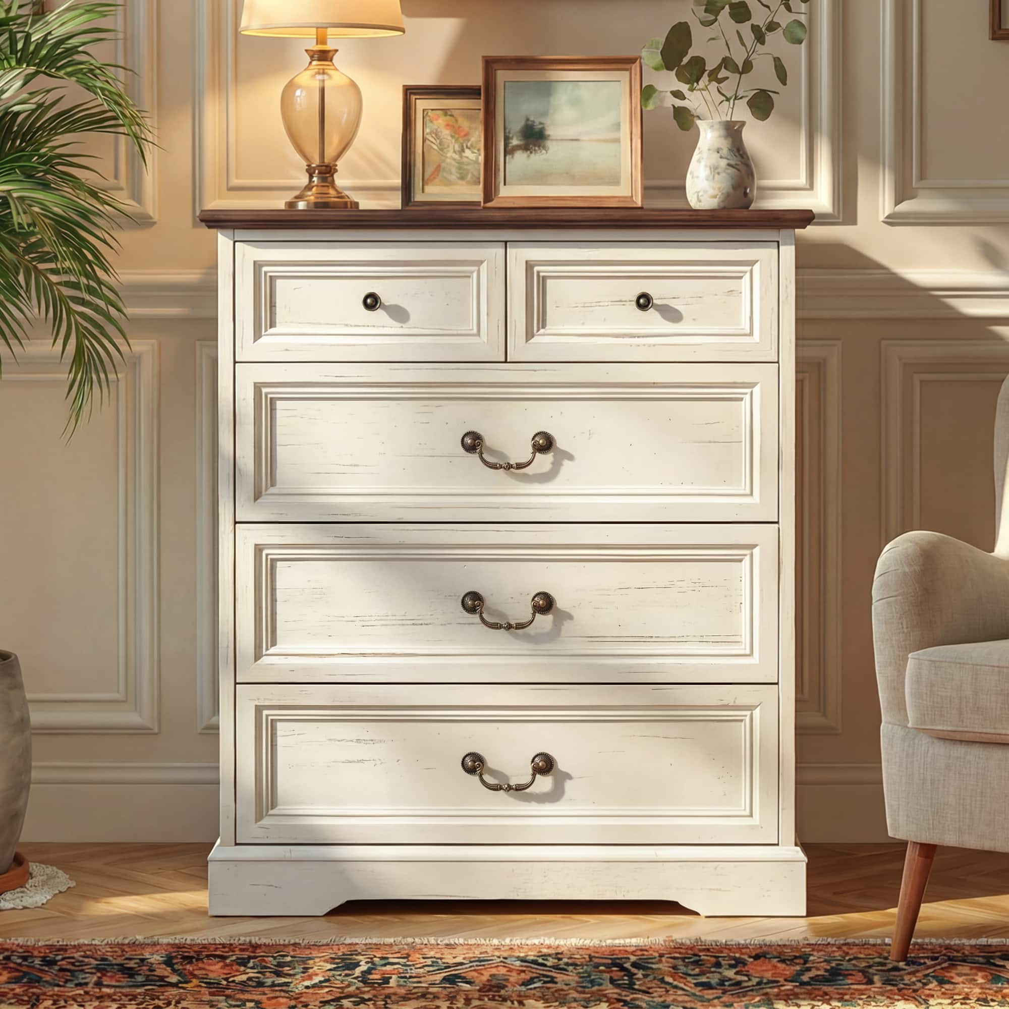 FUFU & GAGA - Vintage 5-Drawer Dresser Chest - Distressed Finish Bedroom Storage Organizer with Bronze Hardware for Clothes, Linens - Distressed white