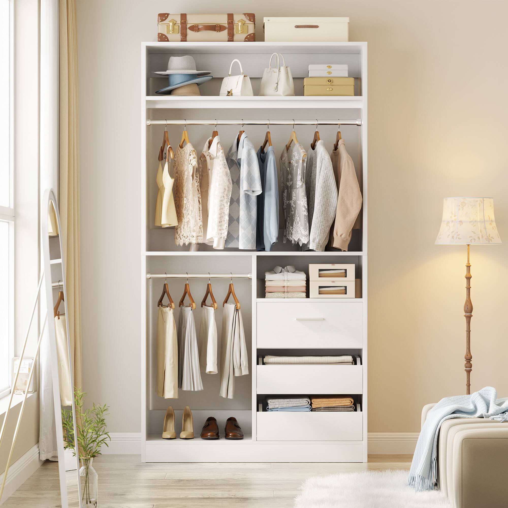 Alt View 2. Aheaplus - 36" Freestanding Closet Organizer with 3 Drawers, 2 Hanging Rods & Shoe Storage - White.