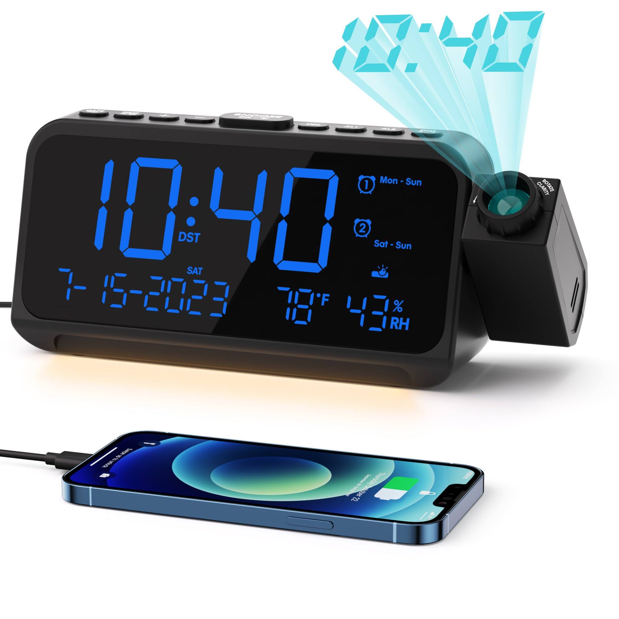 Dazzed Corner - Projection Alarm Clock, Digital Clock with 180° Projector, Night Light - Black