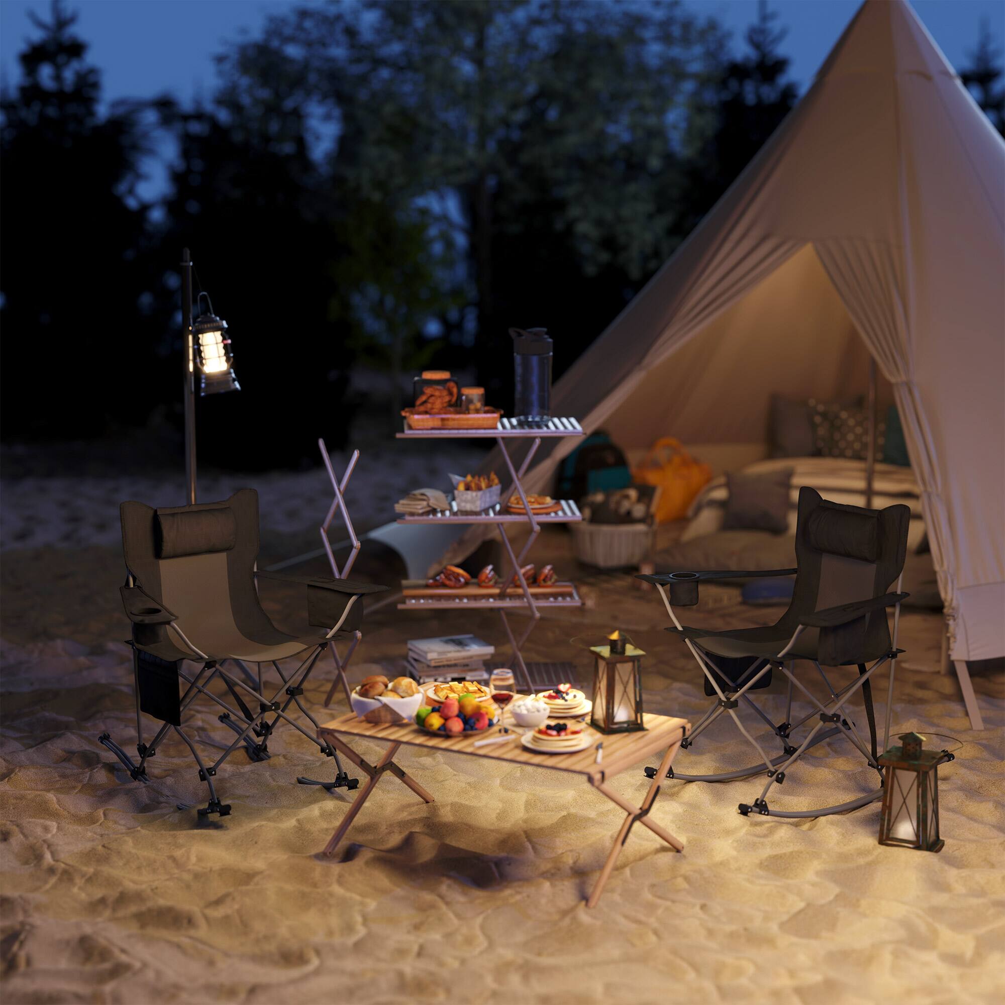 Alt View 1. Outsunny - Folding Rocking Camping Chairs for Adults, Portable Outdoor Rocking Chairs with Headrest, Cooler Bag, Cup Holder - Black.