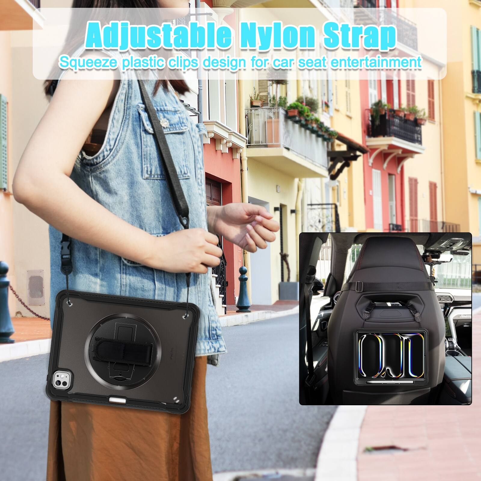 Adjustable Nylon Strap  
Squeeze plastic clips design for car seat entertainment