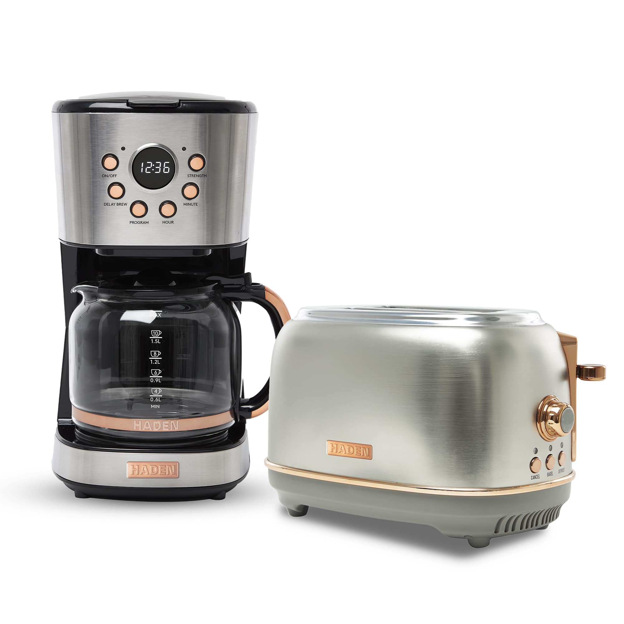 Haden - Heritage 12 Cup Coffee Maker & 2 Slice Wide Slot Toaster Set - Steel/Copper