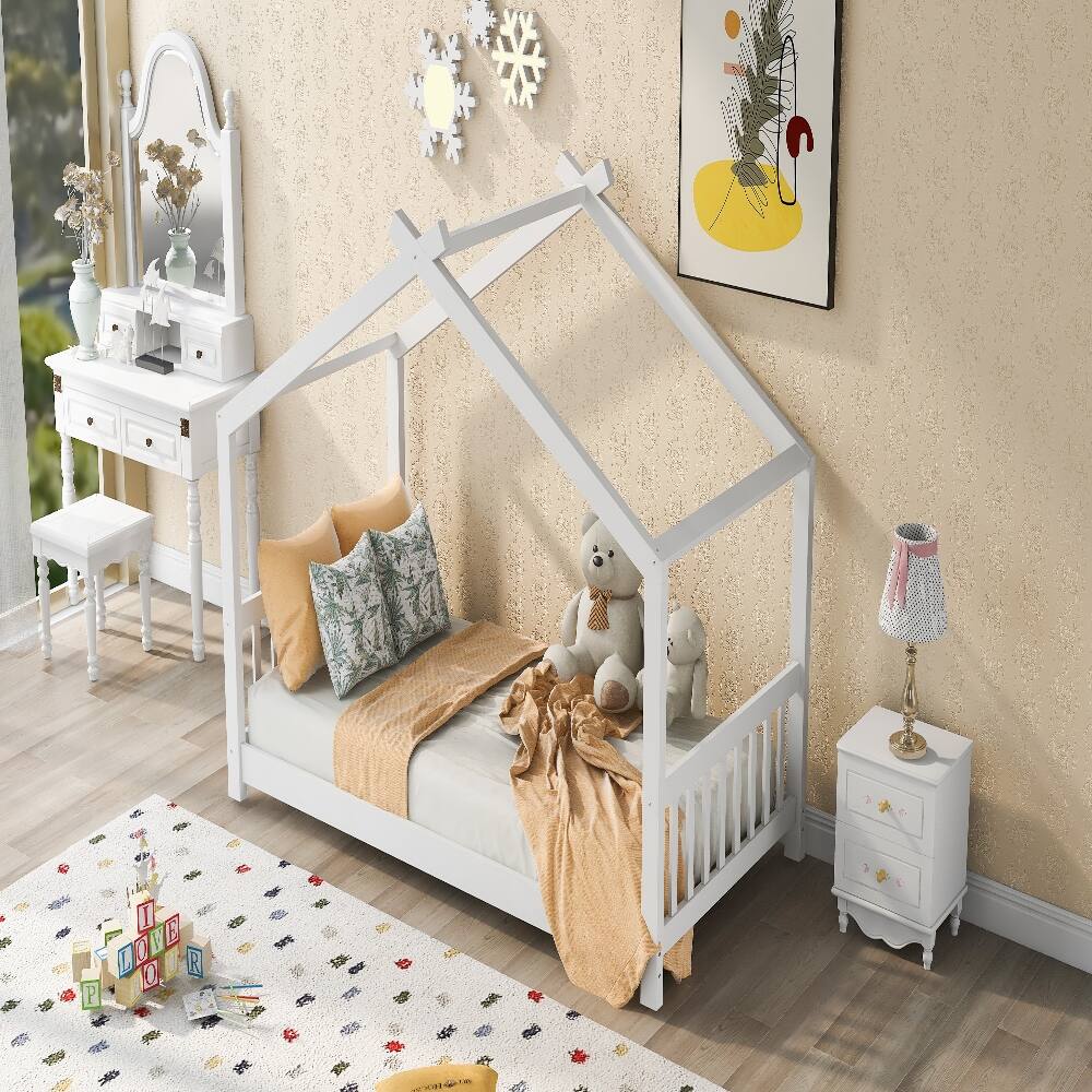 Left. Loheer - Loheer Twin House Bed White Platform Bed with Roof Design - White.