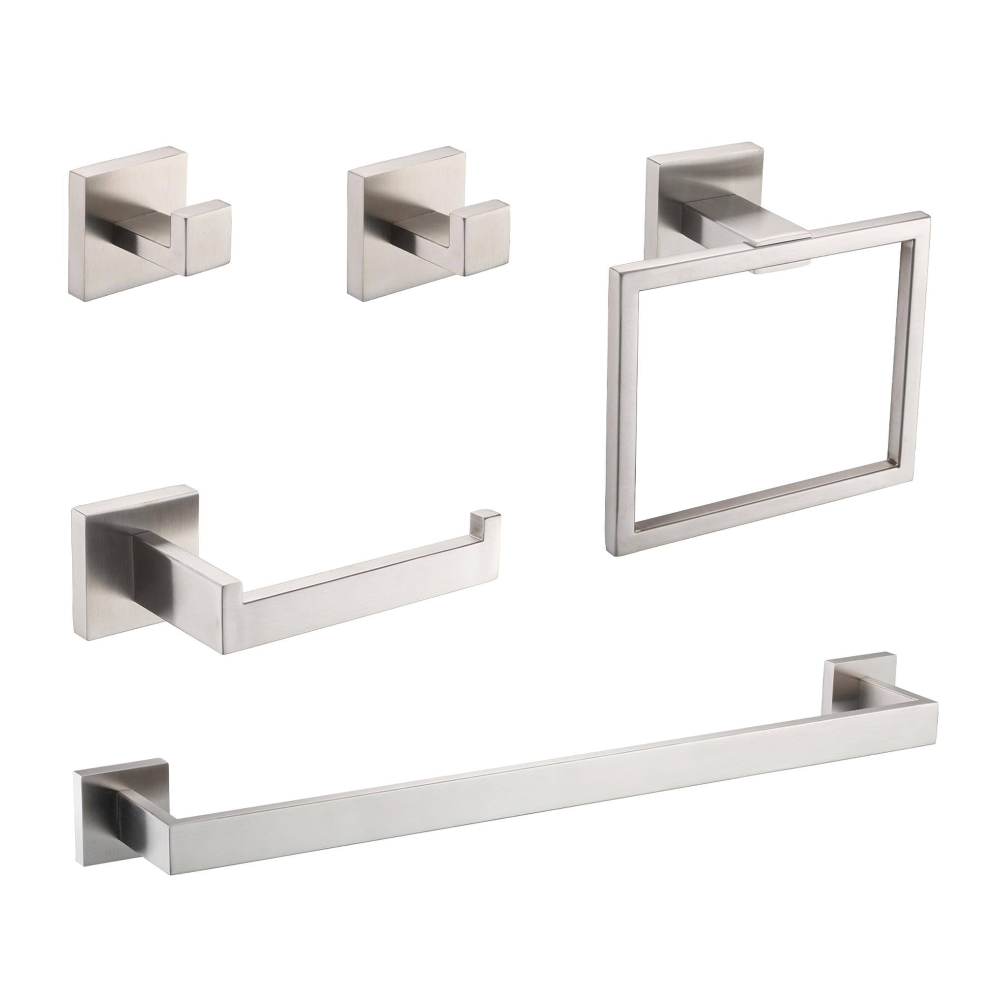 Front. Boyel Living - 5-Piece SUS304 Bathroom Set: Towel Bar + Ring + Hooks + TP Holder Brushed Finish - Brushed Nickel.