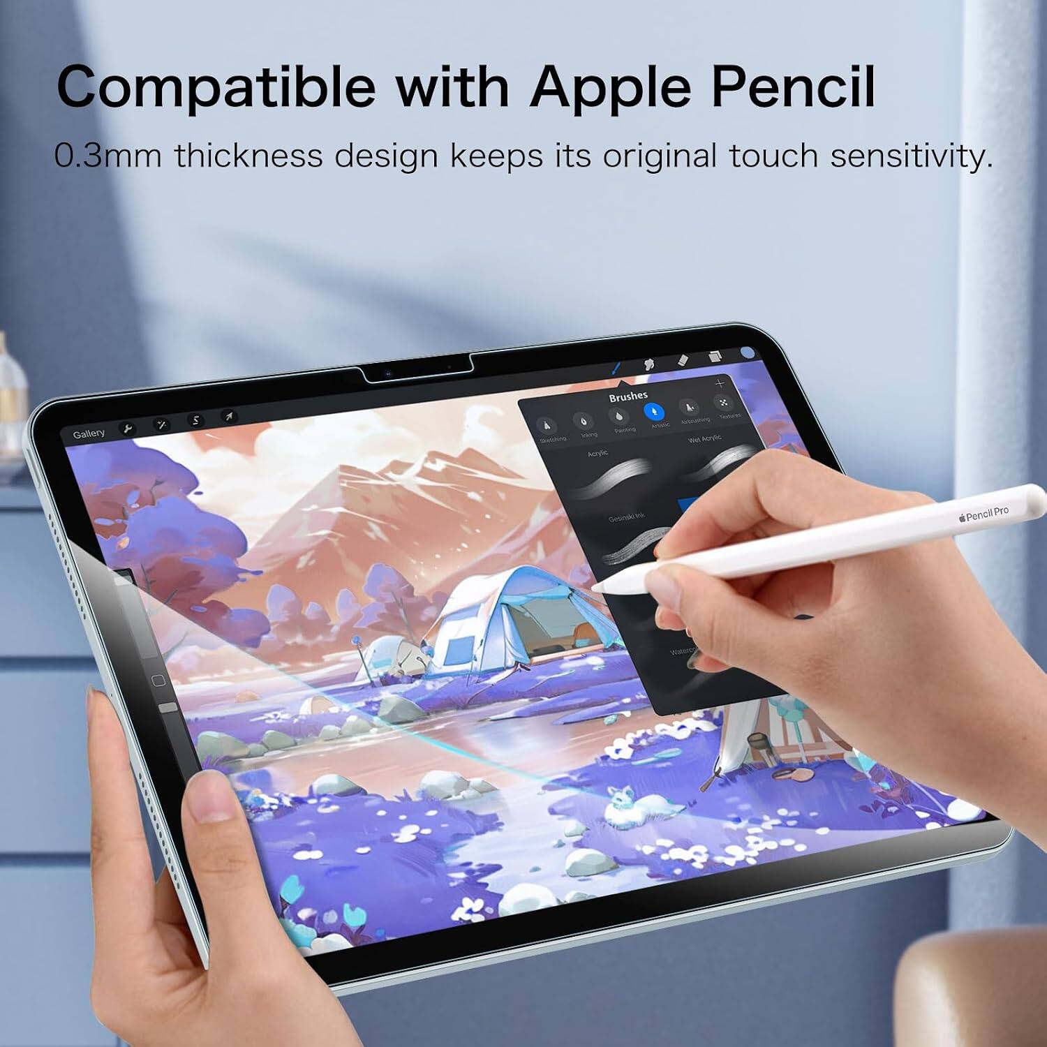 Compatible with Apple Pencil  
0.3mm thickness design keeps its original touch sensitivity.  

Gallery 7 5 A Brushes & so beds - hor Geondkrar PenciPro