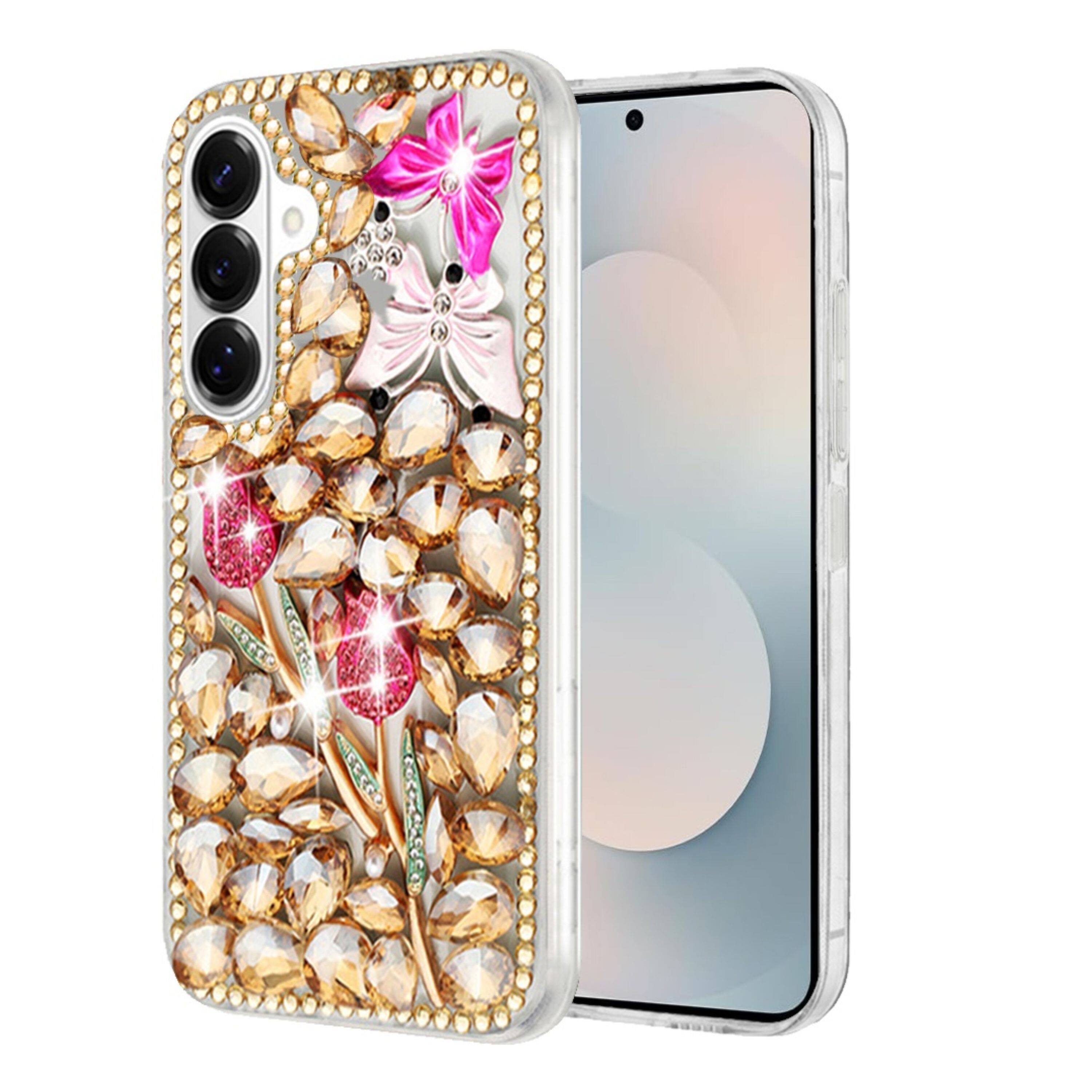 Angle. Kitcheniva - Full Diamond Bling 3D Jewel Ornaments Design Phone Case With Tempered Glass For Samsung S26 Gold Garden - Multicolor.