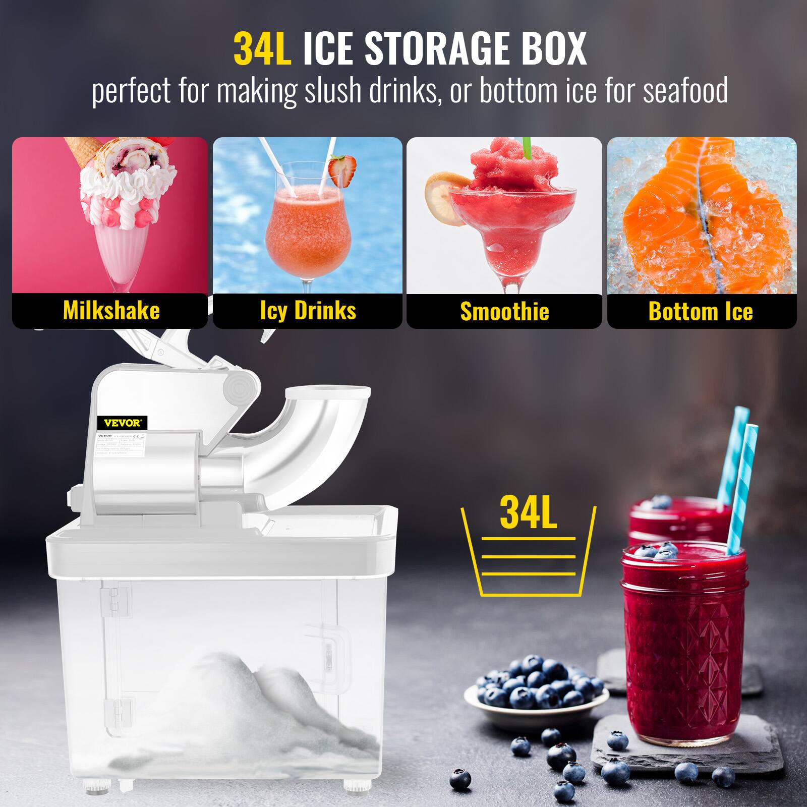 34L ICE STORAGE BOX perfect for making slush drinks, or bottom ice for seafood. Milkshake, Icy Drinks, Smoothie, Bottom Ice. VEVOR e 34L