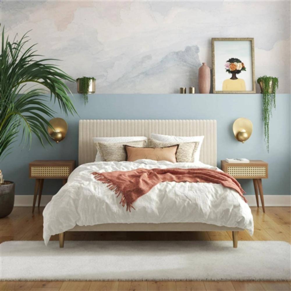Angle. Hivvago - Queen Mid-Century Ivory Cream Velvet Upholstered Platform Bed with Headboard - Off-White.