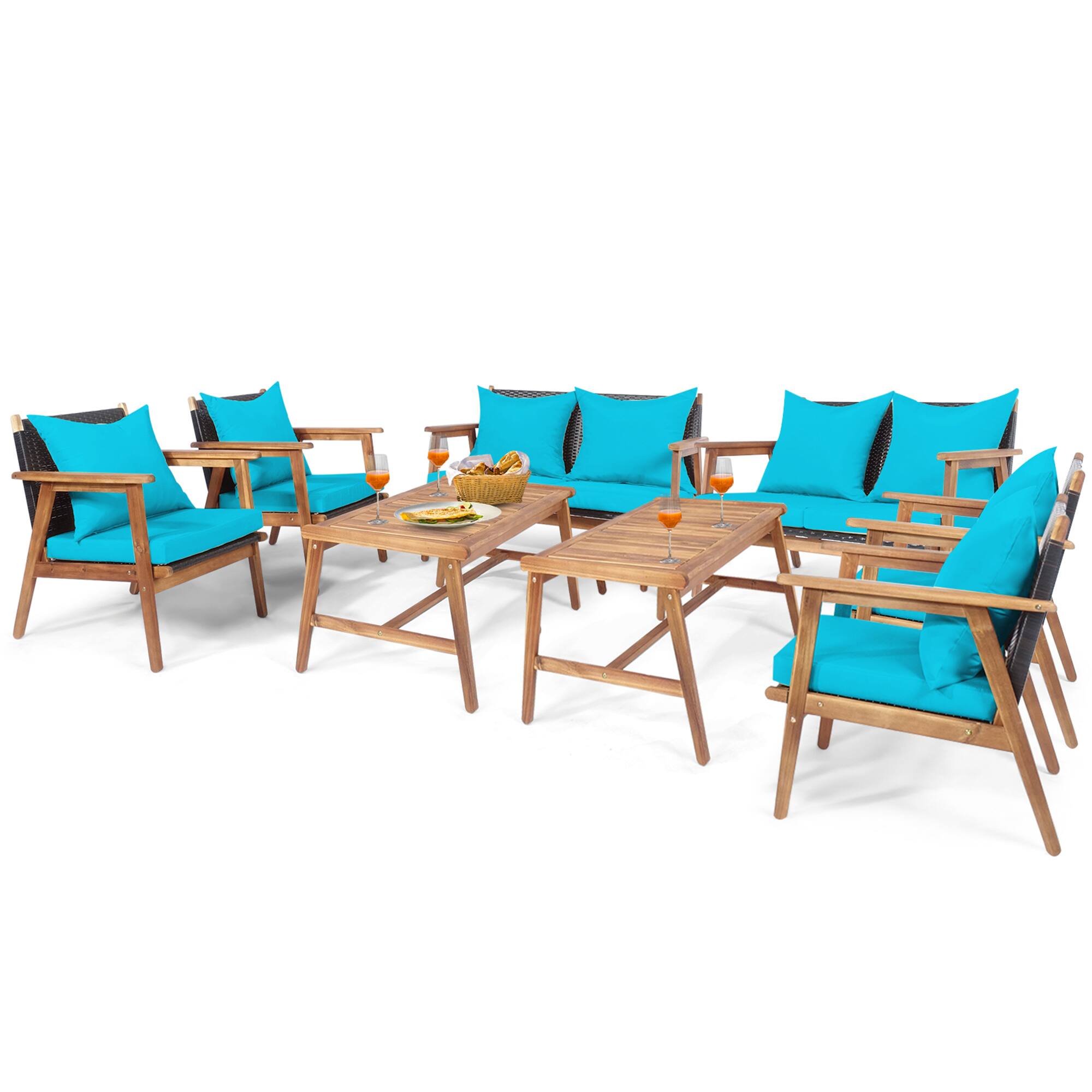 Alt View 1. Gymax - Gymax 8PCS Patio Conversation Set Wood Frame Furniture Set w/ Turquoise Cushions - Turquoise.