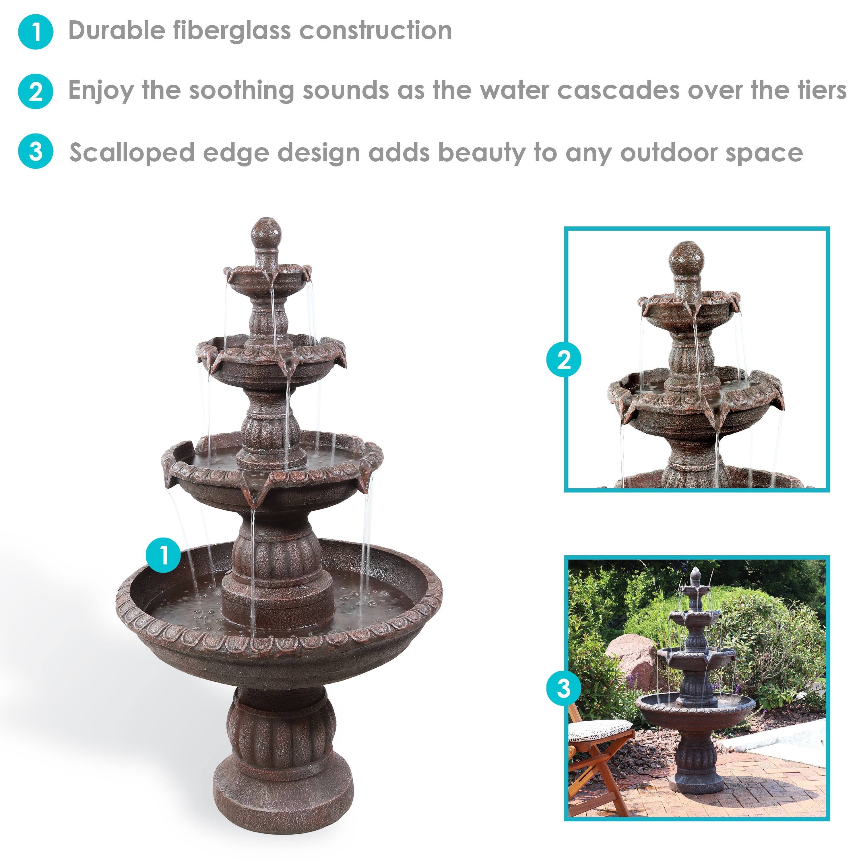 1. Durable fiberglass construction
2. Enjoy the soothing sounds as the water cascades over the tiers
3. Scalloped edge design adds beauty to any outdoor space