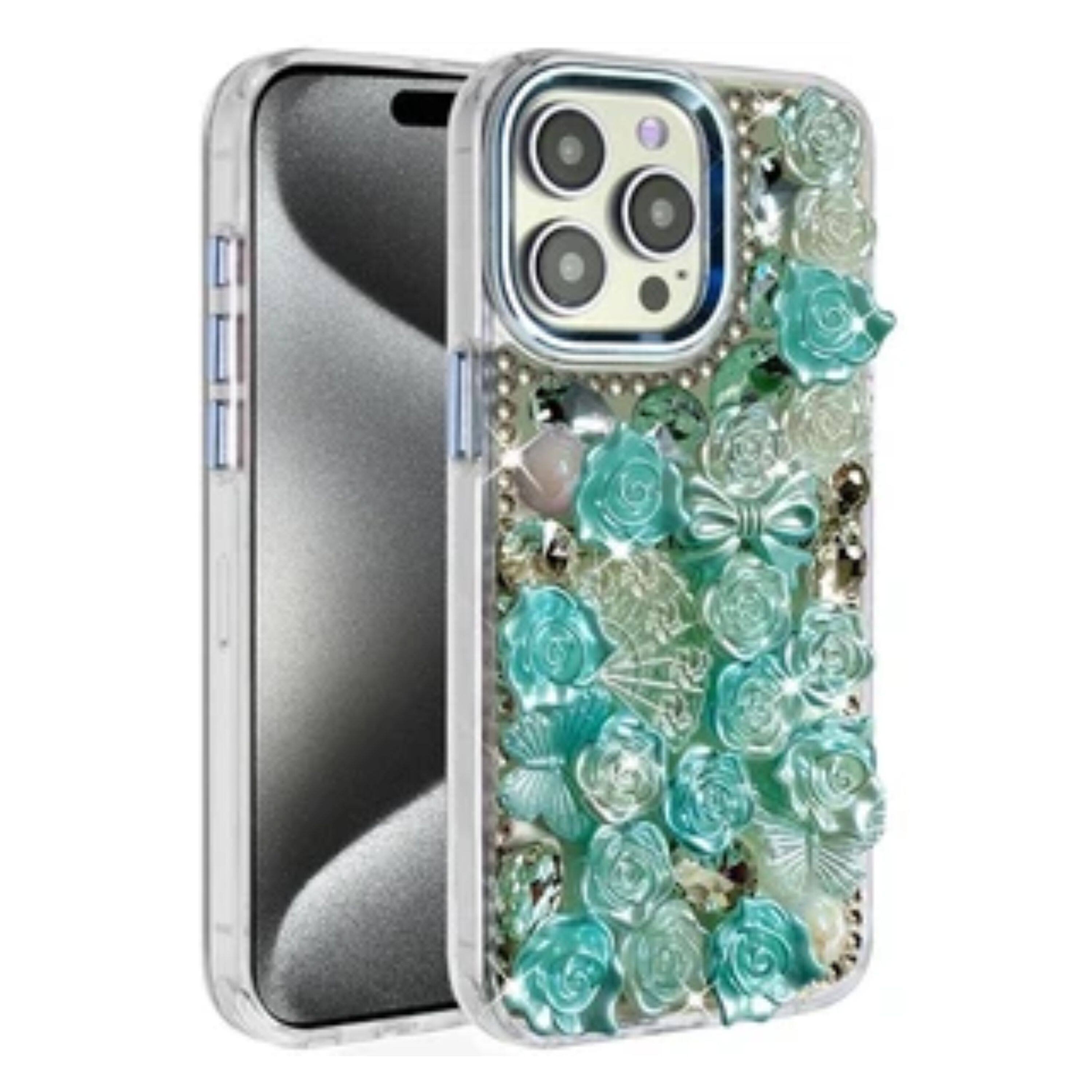 Angle. Kitcheniva - 3D Roses Cover Phone Case With 2 Pcs Tempered Glass For iPhone 15 Pro Max Blue - Blue.