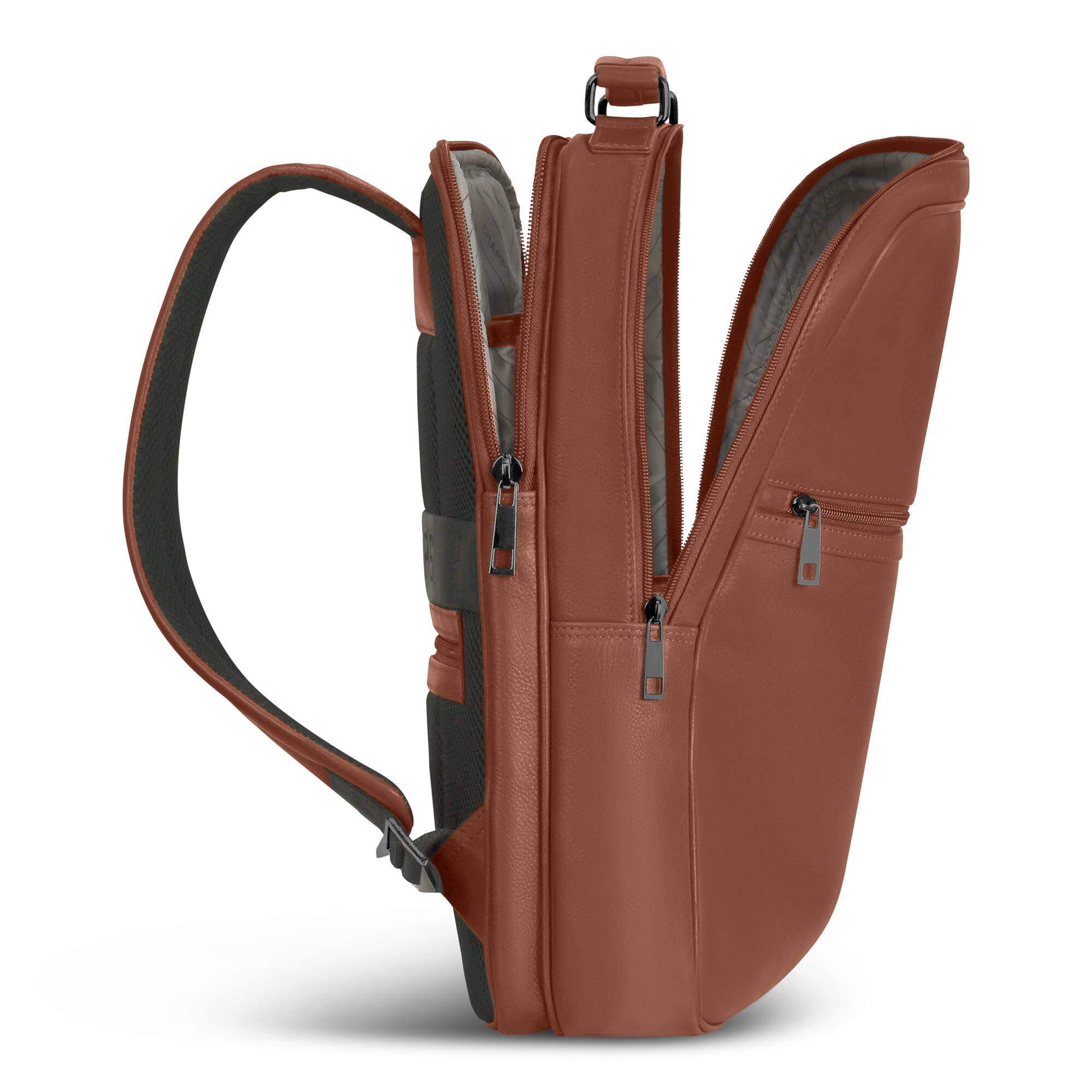 Angle. Champs - Onyx Collection - Leather Compact Laptop Backpack - Brown.