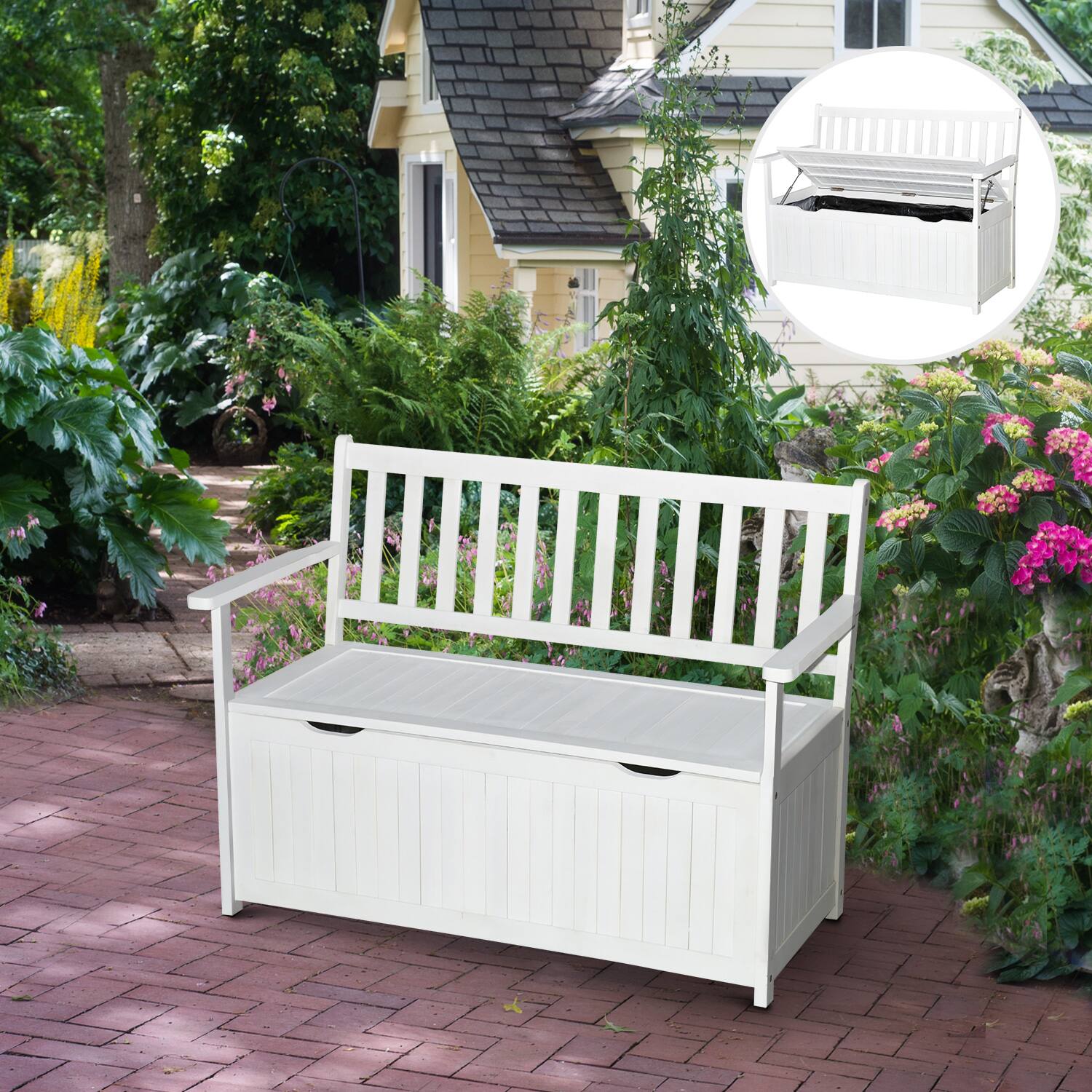 Angle. Outsunny - Outsunny 41 Gallon Outdoor Storage Bench, Wooden Deck Box with Inner Waterproof PE Lining - White.