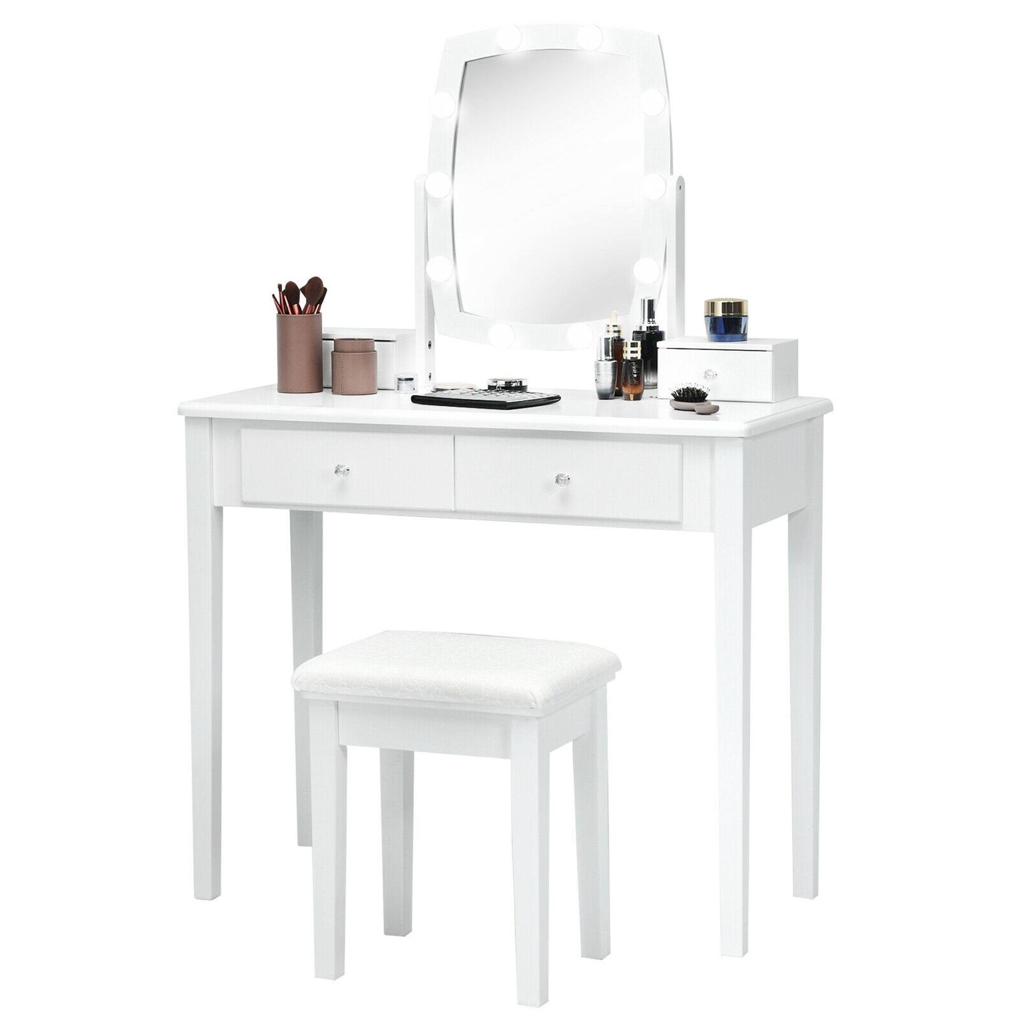 Alt View 8. Gymax - Gymax Vanity Table Set with Lighted Mirror Adjustable 10 Bulbs Dresser 4 Drawer White - White.