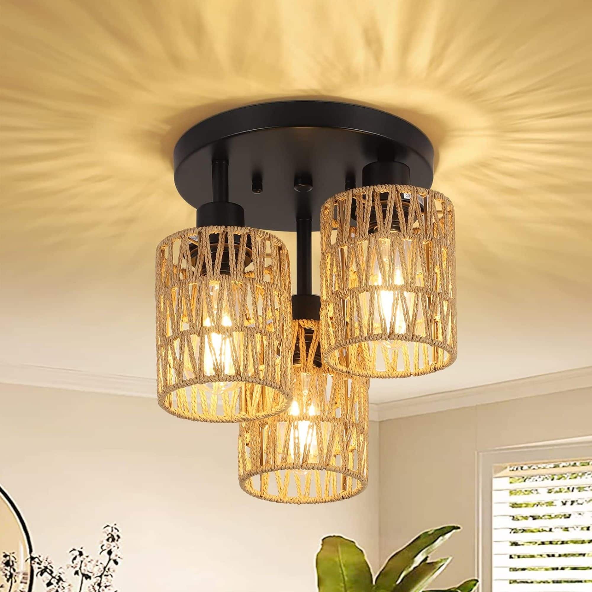 ELEMENT ACE - Hand-Woven Rattan Semi Flush Mount Ceiling Light Fixture with 3-Light Design for Ambient Home Illumination - Brown