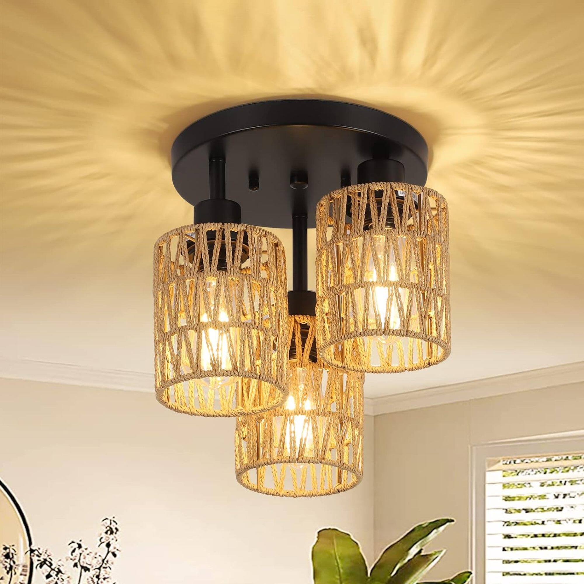 Front. ELEMENT ACE - Hand-Woven Rattan Semi Flush Mount Ceiling Light Fixture with 3-Light Design for Ambient Home Illumination - Brown.