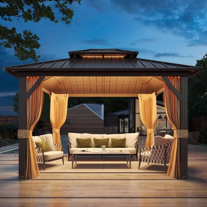 Angle. U-HOMY - Outdoor Hardtop Gazebo with Galvanized Steel Double Roof, Aluminum Frame, Curtains and Netting - 10'x12'.