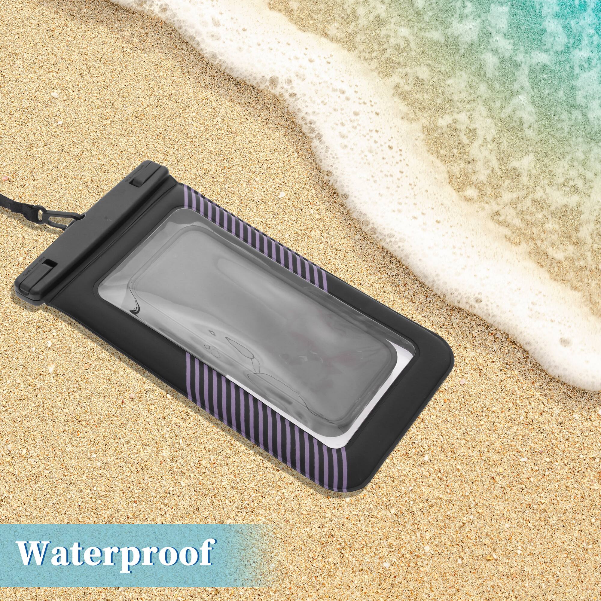 Alt View 1. Unique Bargains - 2pcs Half Stripe Mobile Waterproof Bag Universal Waterproof Case Compatible for Phone 5.51"x9.06" - Black Purple.