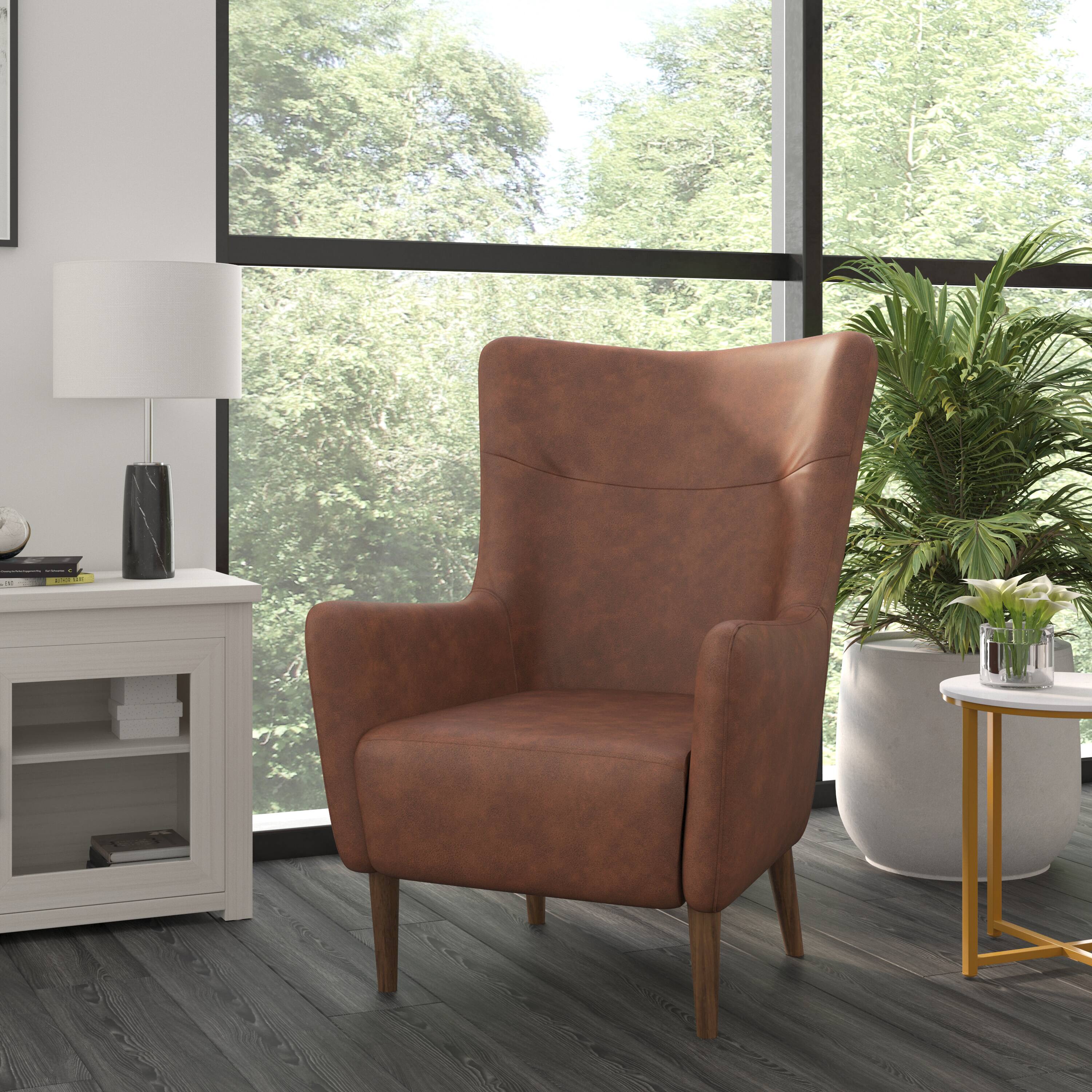 Alt View 1. Emma + Oliver - Kellen Traditional Wingback Accent Chair, Faux Leather Upholstery and Wooden Frame and Legs - Dark Brown.