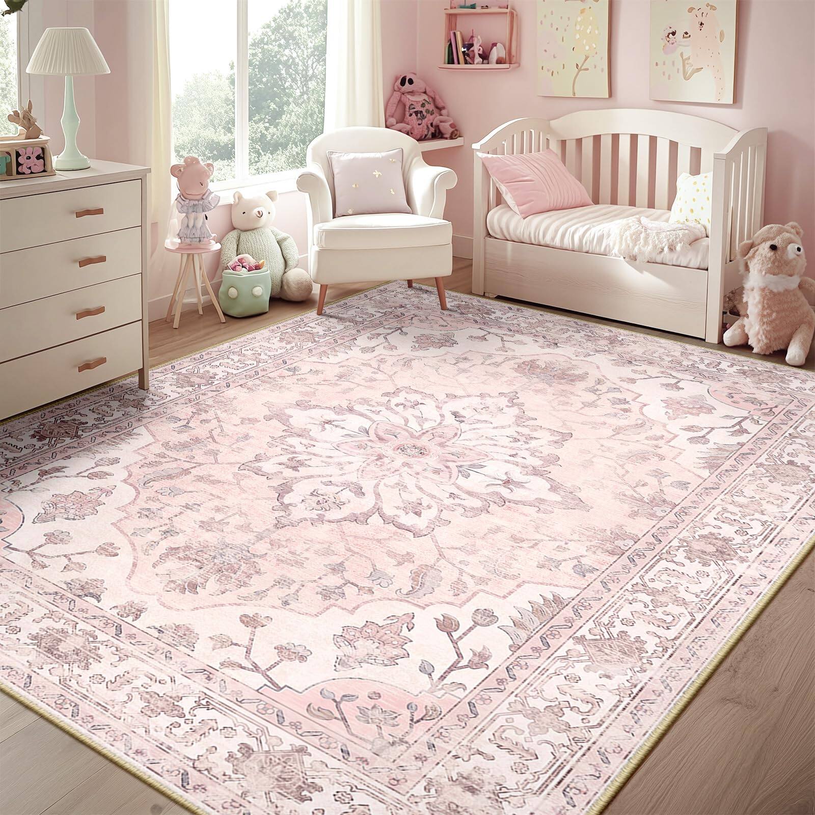 Front. PARKER SLATER - Area Rugs X10 Washable Non Slip Floral Vintage Distress Print Pattern Medallion Carpet Living Room Bedroom Dining Bri... - Pink.
